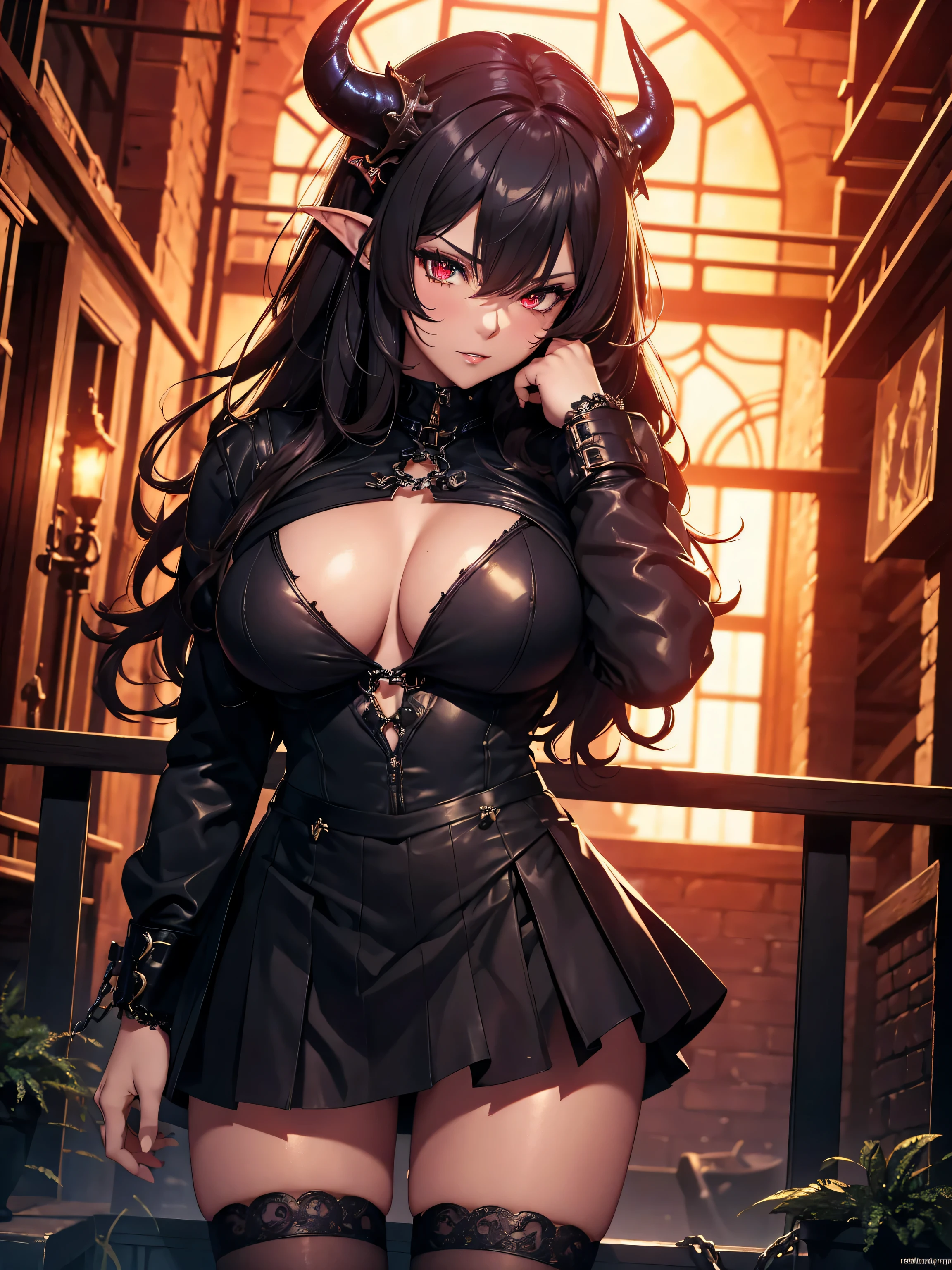 Fantasy, night, 4k, high detailed, Cinematic scene and lighting, a voluptuous succubus with horns and curvy body, heavy Iron chains, sexy look, charm, red eyes, sexy pose,((cowboy shot)),mini skirt, (skirt lift:1.3), (from bottom:1.3)