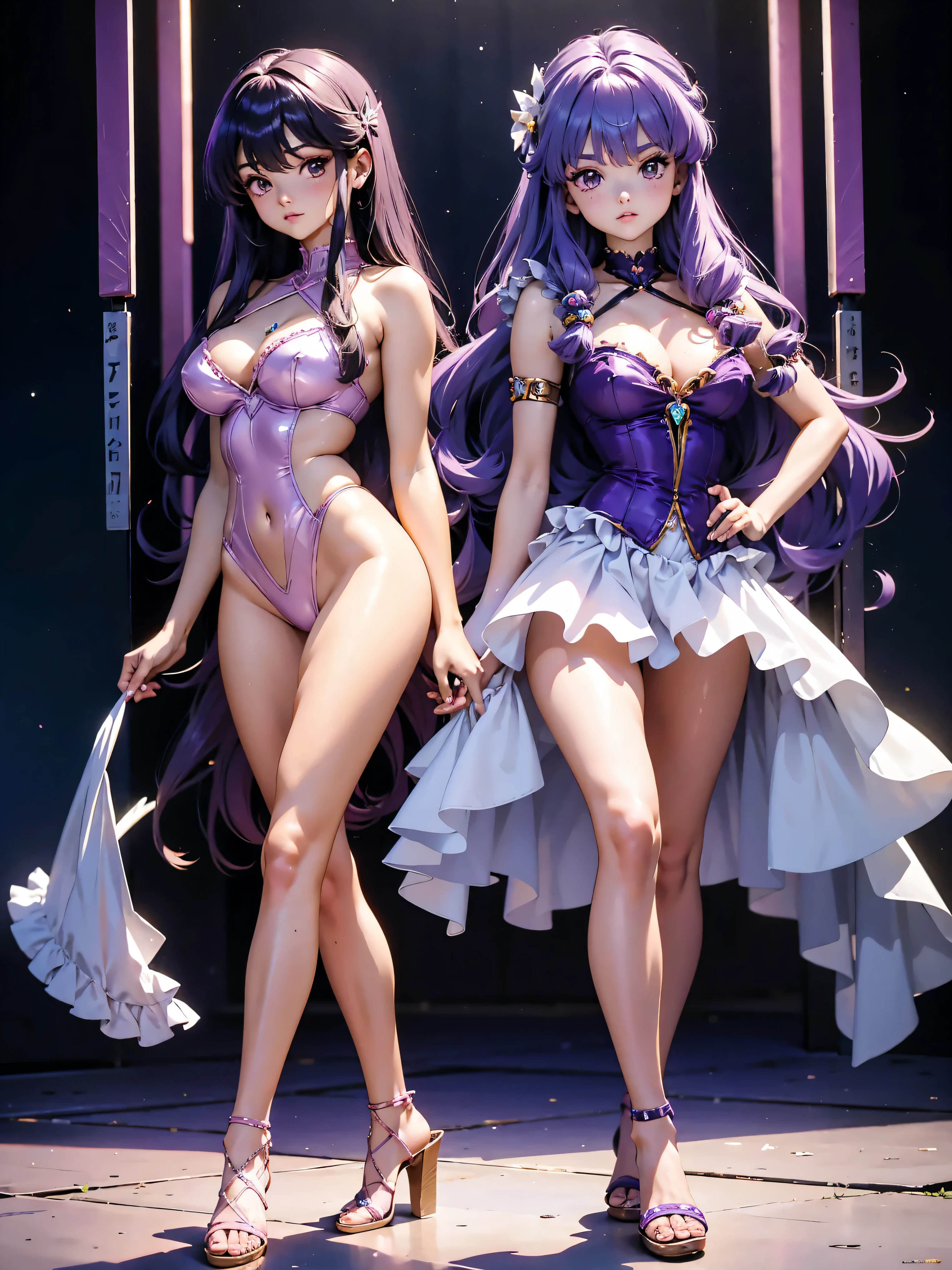 Garota anime de cabelo purple com saia vestido longo purple meio transparente e espartilho, 16 anos, corpo bonito, seios grandes, com hand in panties , hand in purple hair, Garota sexy, purple hair, mechas de cabelo laterais, mechas de cabelo na lateral do rosto, beautiful lighting, sombras suaves, olhos azuis, pernas bonitas, cabelo longo roxo, estilo anime, personagem Shampoo Chan, Autora Rumiko Takahashi, Baseado em obra de Rumiko Takahashi, Anime Ranma 1/ 2, decote sexy, quadril robusto, corpo inteiro, corpo inteiro, busto grande, garota jovem com corpo belo e bonito, sandals on his feet, garota 16 anos jovem, usando saia e corset pink e purple meio transparente, garota anime, estilo anime, beautiful feet in sandals, 45° viewing angle, ao ar livre, peito grande, seios bonitos, cabelo purple, sandals on the feet, pernas bonitas, sexy, belas pernas, Sandalias, seios grandes, corpo completo, corpo inteiro, feet with sandals, anime realista, saia, sarja roxa, personagem realista sexy, straight standing posture, ao ar livre, calcinha pink, hand in panties, saia vestido com 50% de opacidade meio translucida