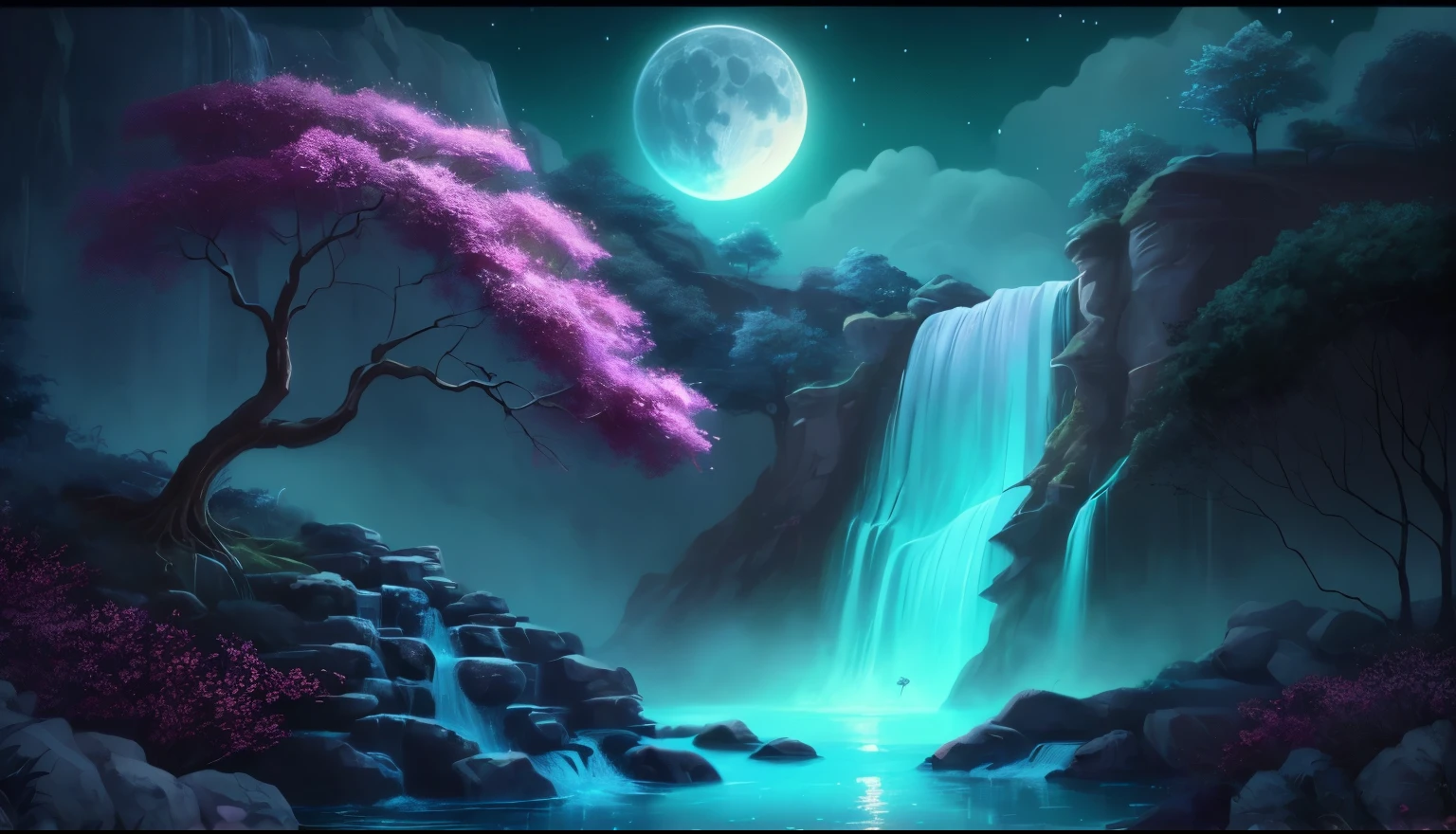 a painting of a waterfall with a tree and flowers in the foreground, Beautiful wallpaper, fondwork art, wonderful background, beautiful peaceful waterfall, amazing wallpaper, pink waterfalls, wallpaper #39;animated nature screen, Beautiful backgrounds, very beautiful digital art, beautiful digital art, beautiful art uhd 4k, HD wallpaper, Beautiful moonlit night, background art, 4k Wallpaper screen HD very detailed 