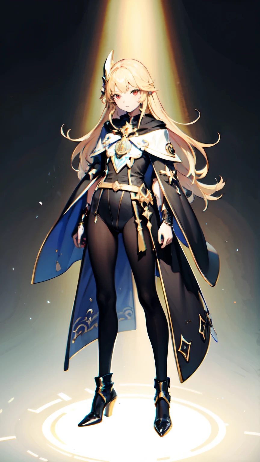 ((highest quality)), ((masterpiece)), (be familiar with), perfect face,Black Mage,blonde,red eye,human,whole body,Standing picture,semi-long