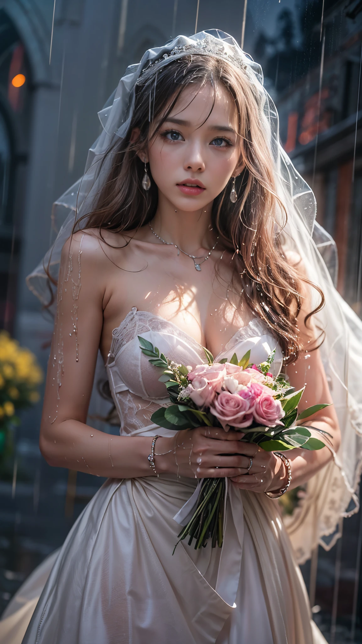 (RAW shooting, Photoreal:1.5, 8K, highest quality, masterpiece, ultra high resolution), expression of sadness:0.5, perfect dynamic composition:1.2, (modern city night, In front of the church), (((Typhoon heavy rain))), Highly detailed skin and facial textures:1.2, Slim office lady wet in the rain:1.3, Fair skin:1.2, sexy beauty:1.1, perfect style:1.2, beautiful and aesthetic:1.1, very beautiful face, water droplets on the skin, (rain drips all over my body:1.2, wet body:1.2, wet hair:1.3), (Holding a wet bouquet:1.2, wet pink wedding dress:1.3), (Medium chest, Bra is sheer, Chest gap), (cry:0.4, lovelorn:0.4, The expression on your face when you feel intense caress, Facial expression when feeling pleasure), (beautiful blue eyes, Eyes that feel beautiful eros:0.8), (Too erotic:0.9, Bewitching:0.9), cowboy shot, necklace, earrings, bracelet