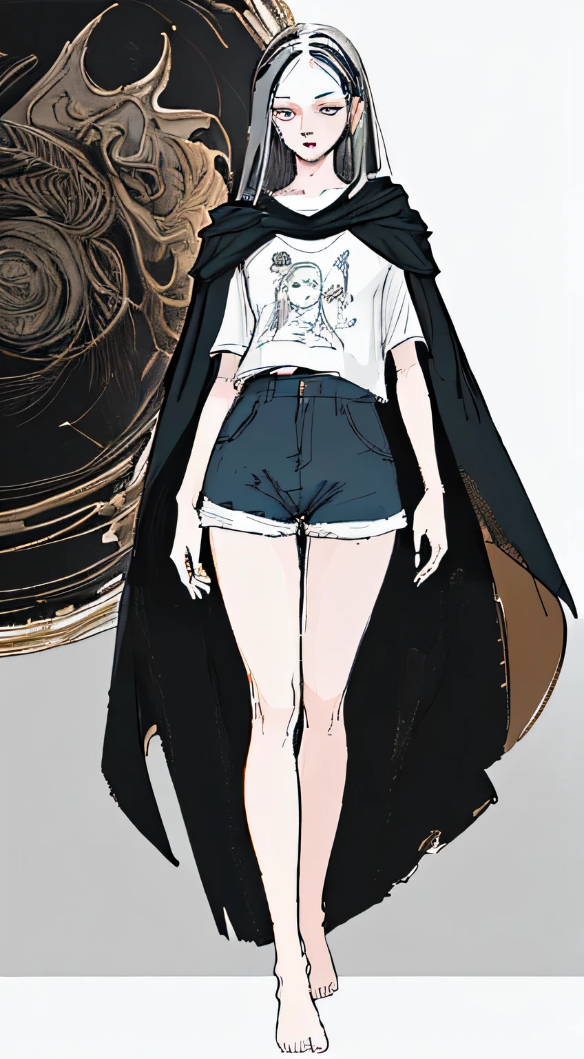 ((Masterpiece, Highest quality)), Detailed face, Painting on canvas, Character Design Sheet, full body lesbian, clear face, Very detailed, beautiful girl, cinematic lighting, bare feet, t-shirt, shorts, long hair, mysterious cloak. Standing in the dark.