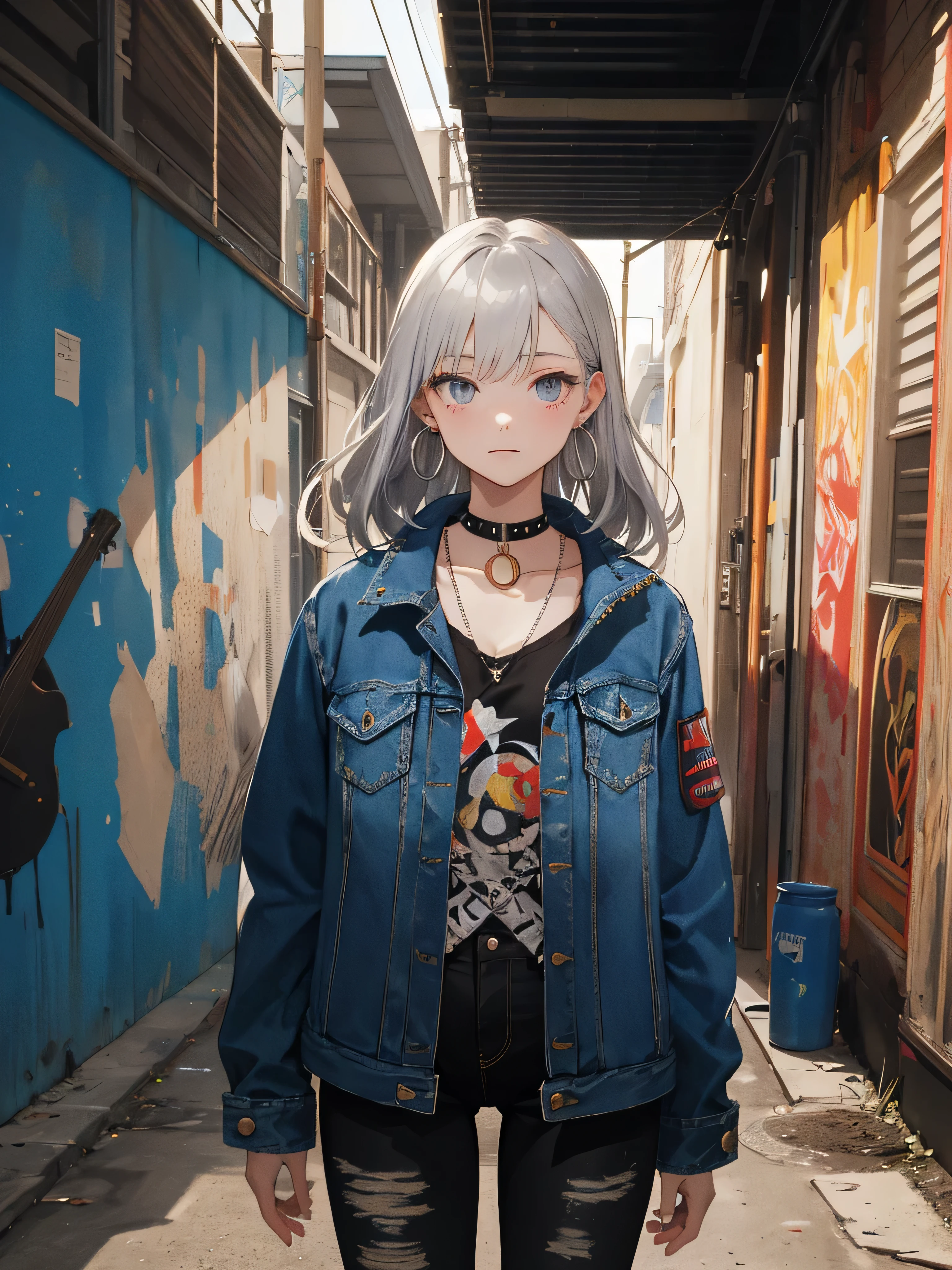 (masterpiece:1.2, highest quality), (1 female, alone, Upper body:1.2), hair: Circular cut, clothing: extra large, Distressed denim jacket with patches and pins, Paired with black skinny jeans and combat boots, accessories: silver hoop earrings and black choker necklace, Wander through underground music venues and street art exhibitions