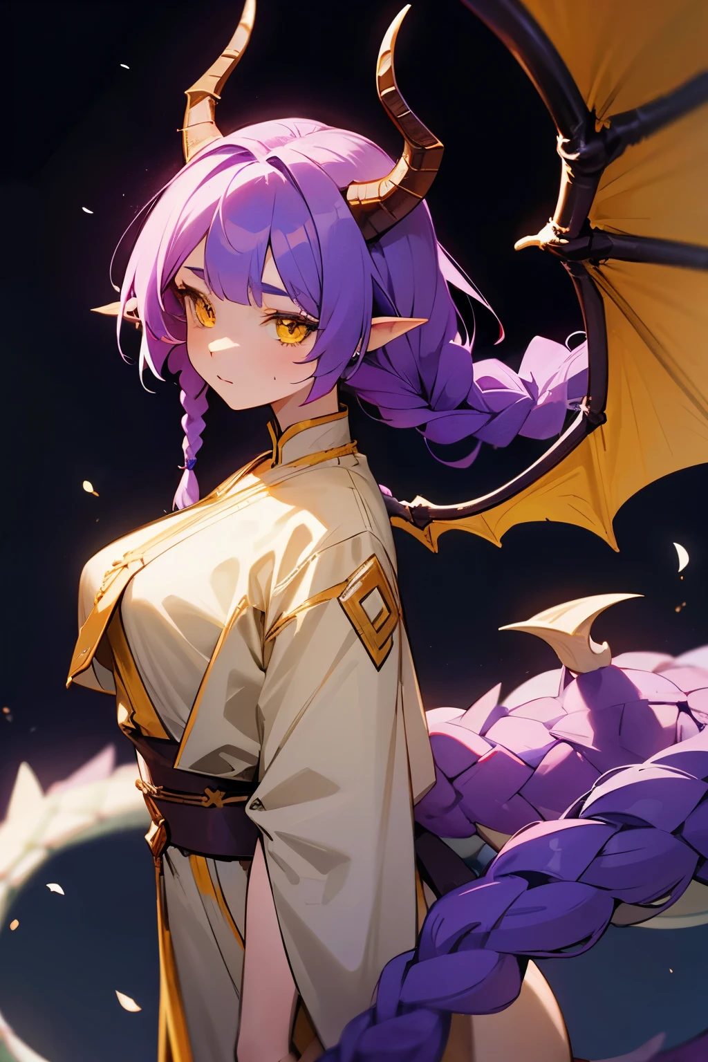 Dragon girl ✨, Her hair is purple with braids, yellow eyes, dragon horns, dragon wings, and a dragon tail.