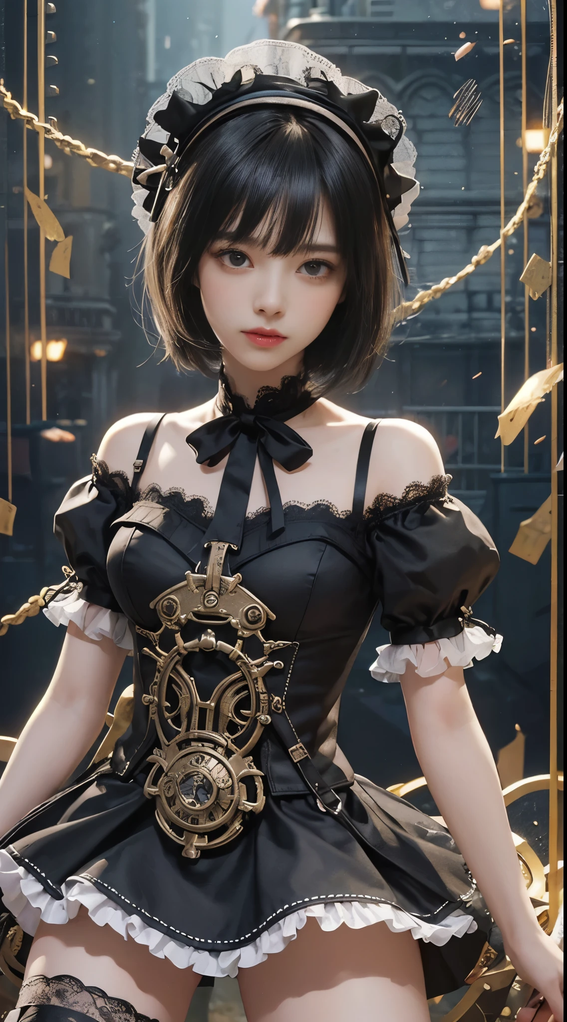(((masterpiece, highest quality, Super detailed))), 1 female, (((very thin body))) , (((length, thin legs))), (((black short bob, thick fluffy bangs ))), (((highly detailed face))), No cosmetics, small and thin nose, thin mouth with small lips, (((Very sharp focused eyes))), Precise pale gray eyes with large slits, shine like a jewel, length eyelashes, ((Highly decorative intricate mechanical steampunk fashion, Lace Flare Mini Skirt, above the knee lace stockings, Lace Off Shoulder Lolita Fashion, Overly decorative fashion)), Abandoned Night, Complex mechanized steampunk factory catches fire and explodes, (((Overall accuracy has been dramatically improved, creating a Super detailed and realistic image))),  super realistic photos.