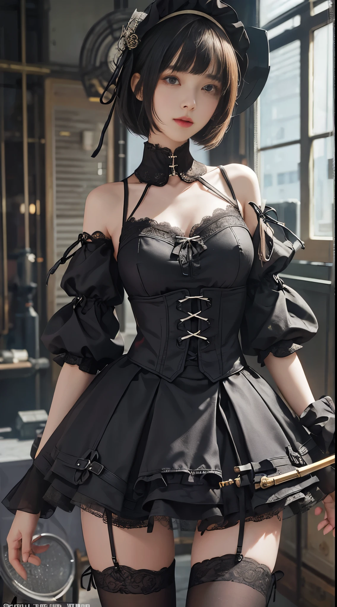 (((masterpiece, highest quality, Super detailed))), 1 female, (((very thin body))) , (((length, thin legs))), (((black short bob, thick fluffy bangs ))), (((highly detailed face))), No cosmetics, small and thin nose, thin mouth with small lips, (((Very sharp focused eyes))), Precise pale gray eyes with large slits, shine like a jewel, length eyelashes, ((Highly decorative intricate mechanical steampunk fashion, Lace Flare Mini Skirt, above the knee lace stockings, Lace Off Shoulder ta Fashion, Overly decorative fashion)), Abandoned Night, Complex mechanized steampunk factory catches fire and explodes, (((Overall accuracy has been dramatically improved, creating a Super detailed and realistic image))), super realistic photos.