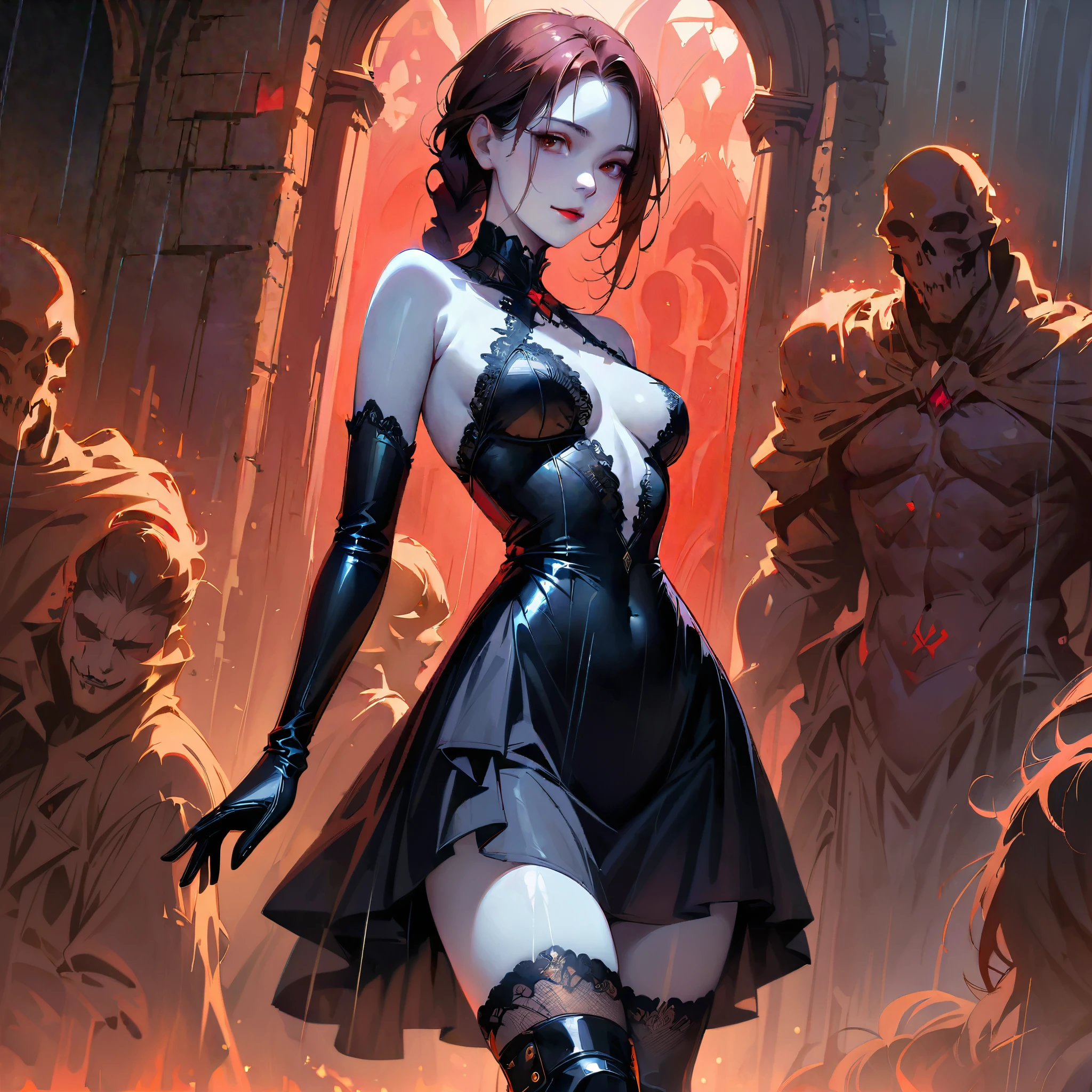 (((Create one girl + ye, (realistic), (close-up), (stands all tall)), ((Dark and mysterious), (Night, rain blood, gothic anime girl)))_(( (Gothic unusual masterpiece of art)),((ominous clouds, hauntingly beautiful, ethereal moonlight, eerie shadows))_((Beautiful figure, half-turn 16+ years),eali),((small peach breasts, graceful figure, narrow waist, smooth hips)),((long double braids),(tight braids), (braided hair),(dark hair)),((red lips)), ((smile)))_ ((((Shiny skin:1.5, white skin, light skin: 1.5)),((sexy),(erotic),(cute, kawaii),(nsfw)))_(((Bare shoulders, black lace dress)),(((black chiffon dress, very short dress, tight-fitting), (black), (transparent lace dress)),((stands almost completely naked, tattoos)))_(((Arms in elbow pads, palms in tactical gloves),(bare hips, belly)),((legs in combat knee pads, thigh-high stockings)), ((chunky leather lace-up boots)))_(((Impressive artistry, exquisite detail, gothic architecture, dramatic lighting, vibrant red hues, sinister figures, strange symbols, surreal elements))_((Strong contrasts, creepy, artistic masterpiece, detailed textures, dark color palette, foreboding horror), (alien flowers, skulls))_((Digital painting, anime style, cyberpunk), (best quality, 4k, high resolution, masterpiece: 1.2)),((ultra detail)),((realistic, photorealistic, photorealistic: 1.37)))_(((Soft clear shapes, broad strokes, attention to detail)))_ (((High quality, 16K | Ultra HD | Full HD))).