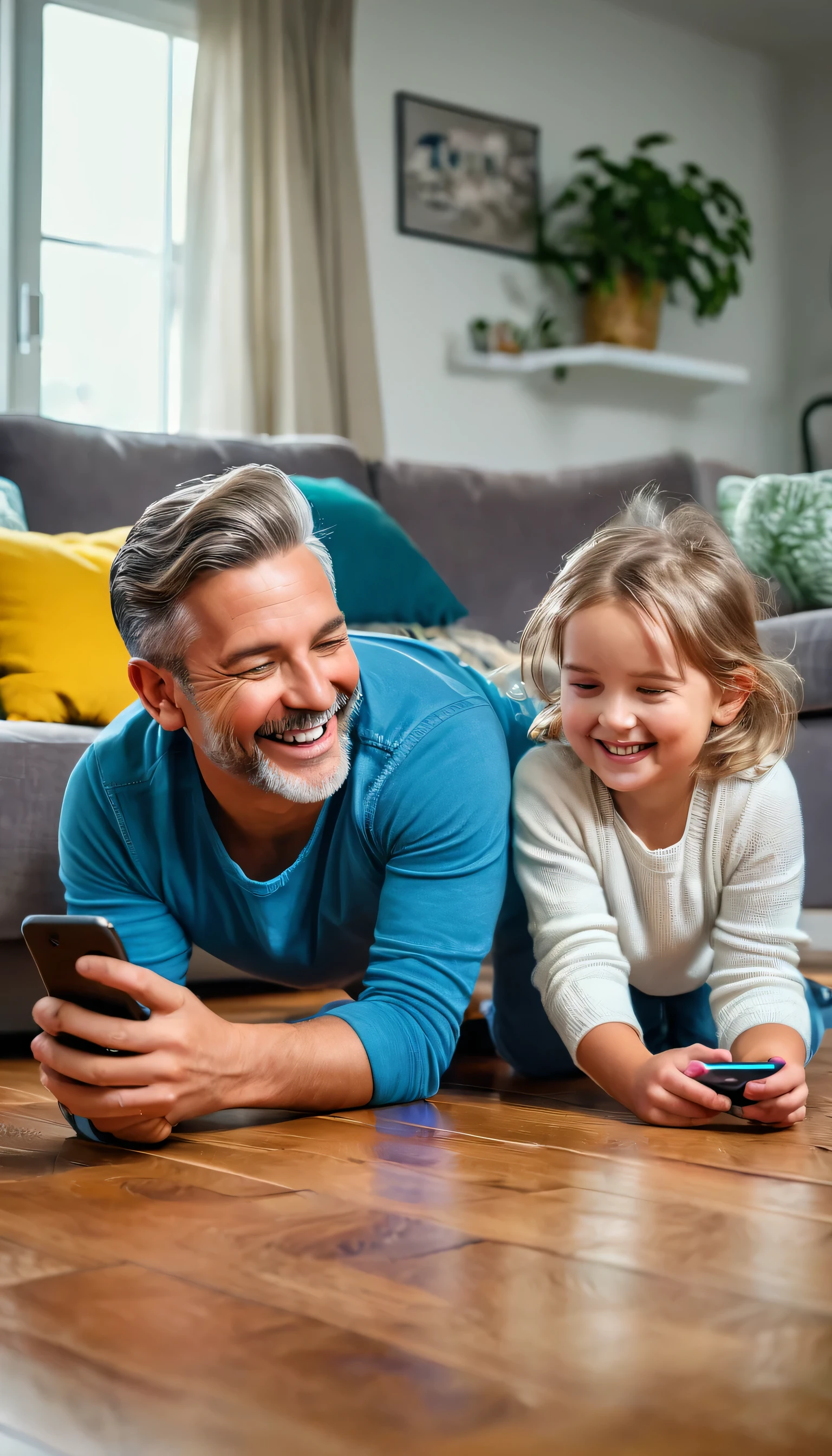 (best quality,4k,8k,highres,masterpiece:1.2),ultra-detailed,(realistic,photorealistic,photo-realistic:1.37),indoor lighting,light and airy,joyful atmosphere,loving and happy family,smiling faces,modern interior,family bonding,cozy living room,relaxed ambiance,casual outfit,comfortable sofa,colorful throw pillows,warm homey setting,soft natural lighting,playful children's toys,beautiful hardwood floor,happy parents,engaged with technology,brief texts on the phone screen,nurturing environment,laughter and giggles,comforting family environment,sunlight streaming through the windows,plentiful plants,modern technology,domestic bliss,positive energy,contemporary decor,loving interaction,family moments of togetherness,adorable children's laughter,connectedness and communication,happy family time,endearing parents,sweet parent-child relationship,memorable family bonding,portraits,family unity,happiness and harmony,playful atmosphere,colorful clothing,colorful accessories,HDR, UHD