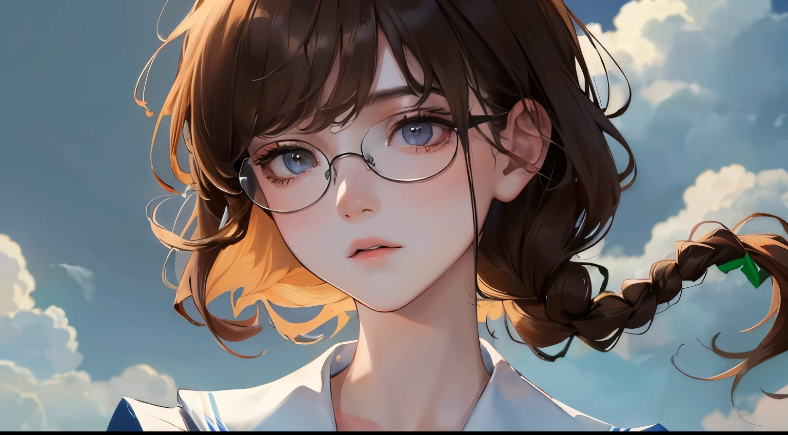 (((one girl)))、Masterpiece,best quality, ((cloudy sky))), determined expression, upper body diagram、Look down、Glasses、((look down with a gloomy face))、sailor suit、School zone、 (highest resolution、clear_image)、best quality、contrast of light and shadow、((illumination))、very detailed、semi-realistic、braided hairstyle、brown hair、bangs、15 years old、office　Lady,,young、((View from the front))、delicate facial features facial features