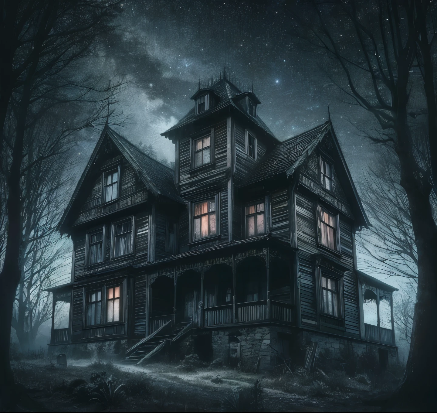 create image of Haunted Wooden two storey house between trees, night ,dark,stars