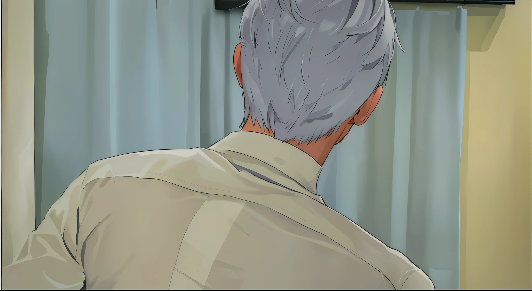 hay un chico de espaldas con cabello gris plateado camisa color zul