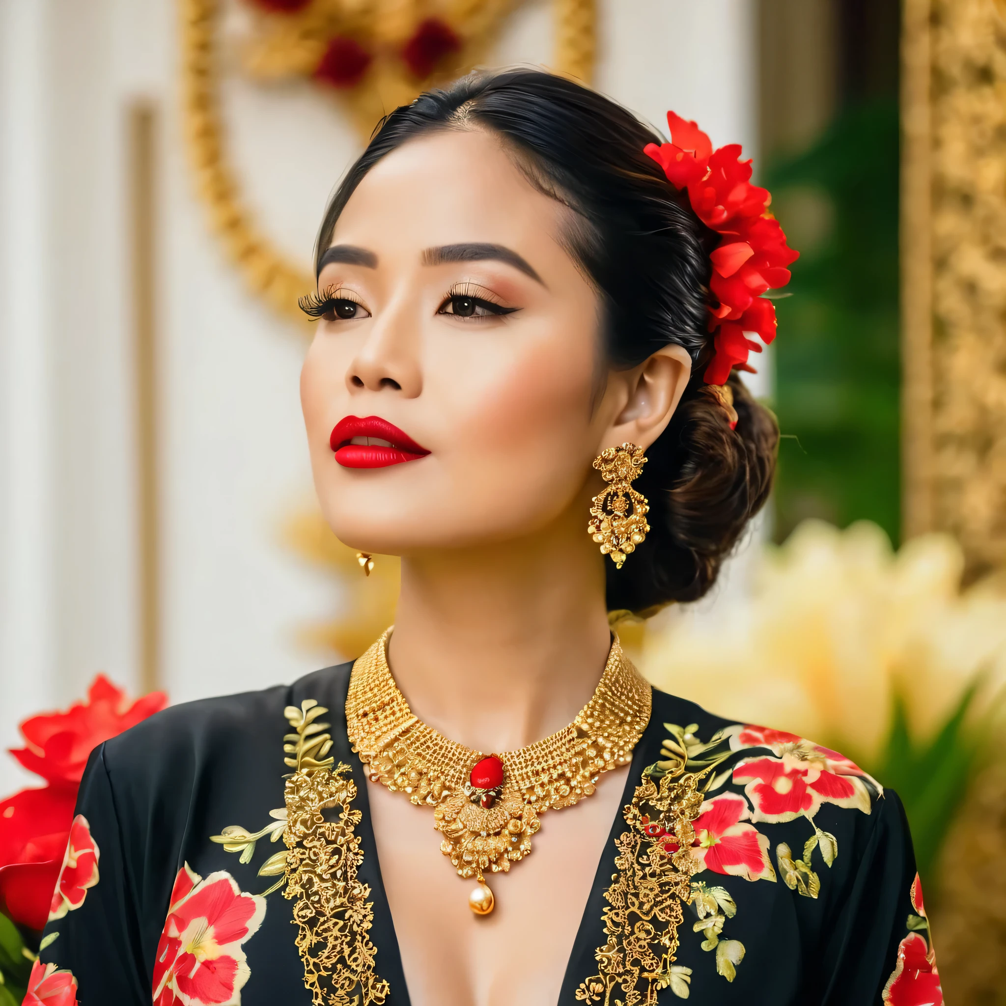 Photography, woman portrait of java wedding woman in black long keibaya dress traditional, red lipstik golden necklace, earrings ornate detail,flowes blury background soft focus