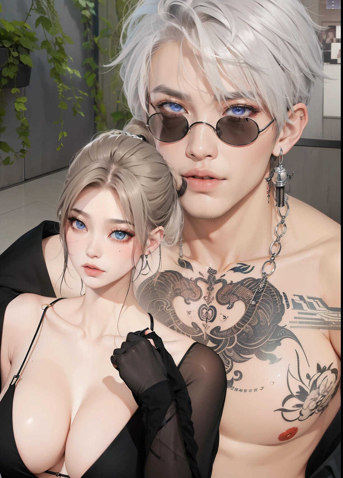 there is a woman with a tattoo on her chest and a man with a tattoo on his chest, imvu, secondlife, sakimichan and frank franzzeta, nixeu and sakimichan, second life avatar, & jeehyung lee & wlop, inspired by Allan Linder, couple pose, inspired by Josef Abel, ruan jia and brom
