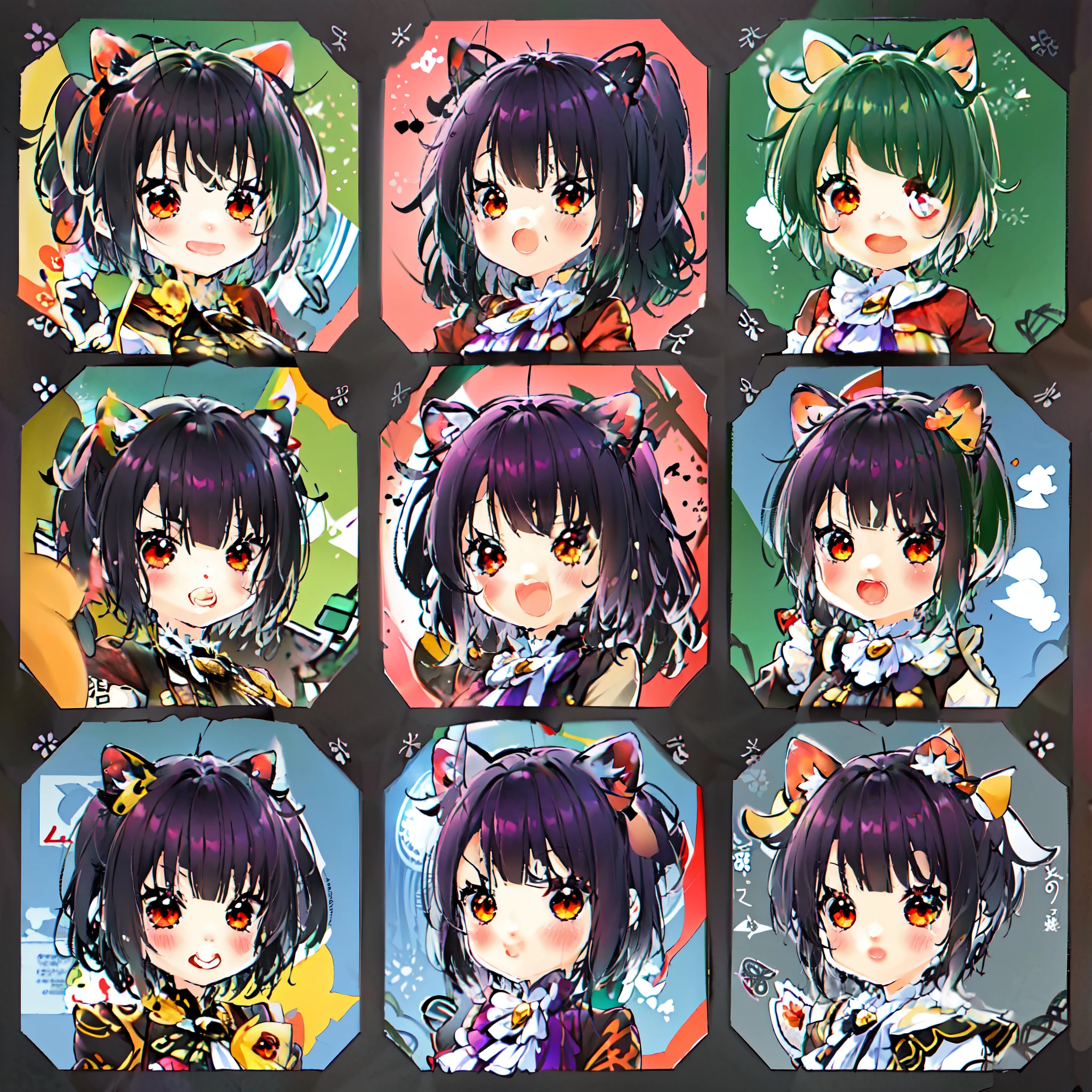 The character's costume is summery, 6 anime character stickers with different expressions, fleet collection style, anime moe art style, girls frontline style, cute art style, Mihoyo art style, official artwork, chibi art, pixiv, style as Nendoroid, cute artwork, 8K!!, various poses, Trending on Art Station pixiv, black pigtails with cat ears, red eyes