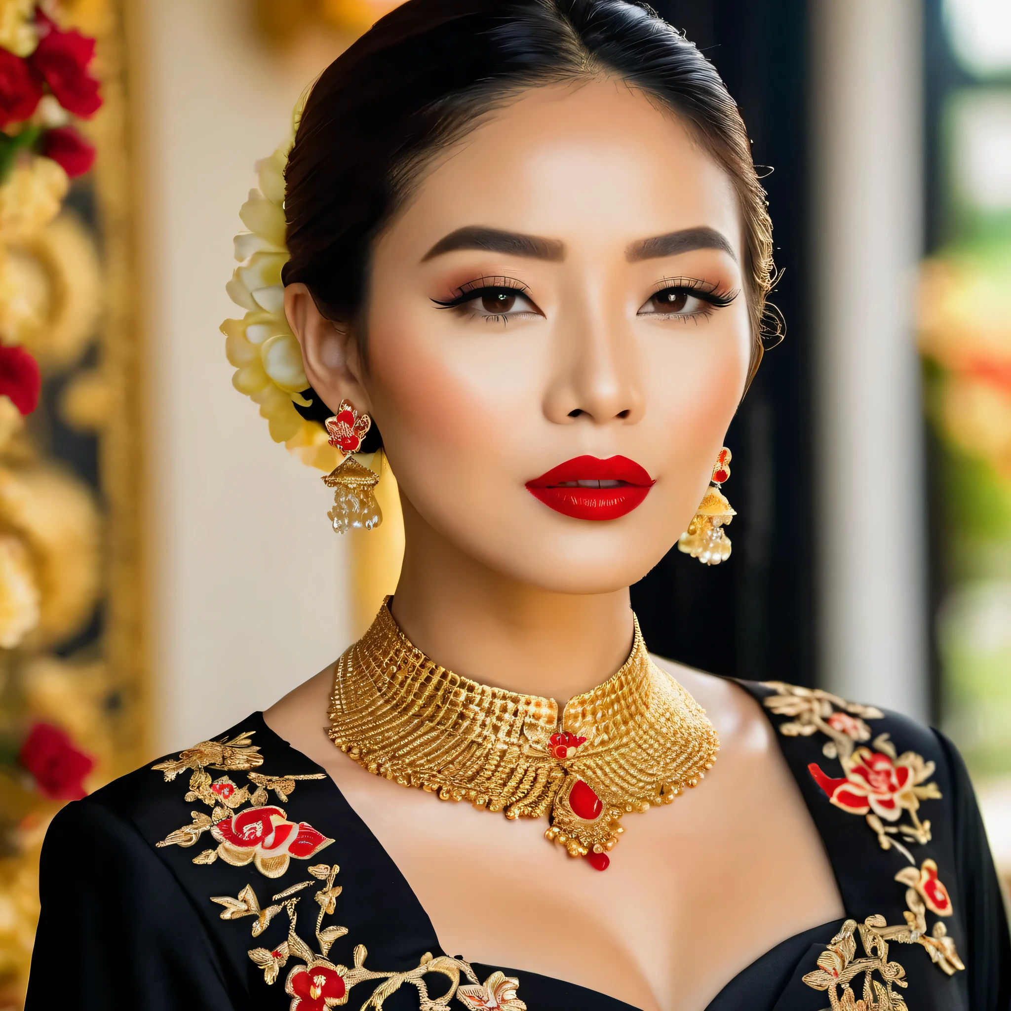 Photography, woman portrait of java wedding woman in black long keibaya dress traditional, red lipstik golden necklace, earrings ornate detail,flowes blury background soft focus