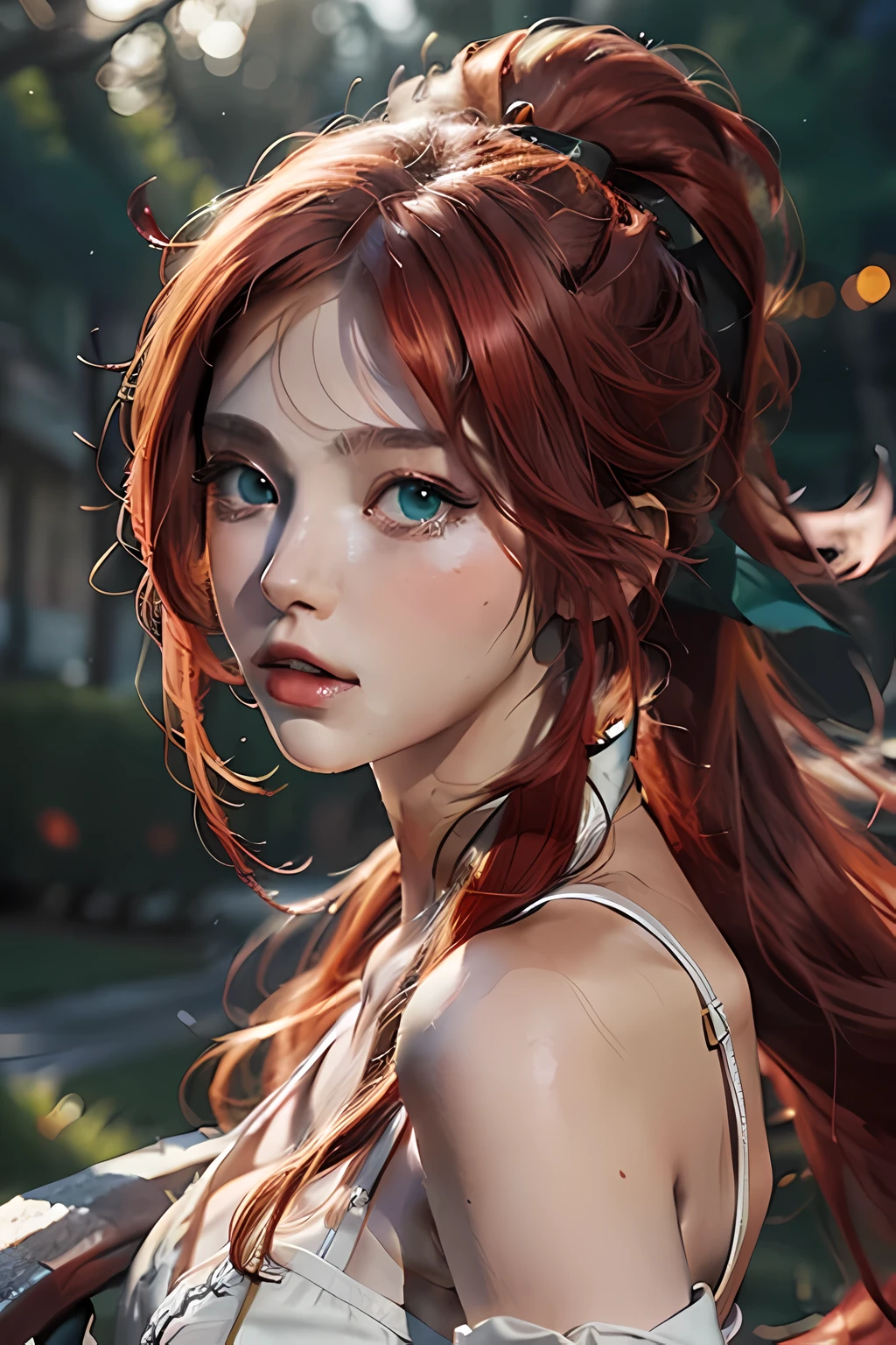 Best quality, masterpiece, super high resolution, (realism: 1.4), original photo,  1girl, lux from leagueoflegends, red hair, ponytail hair, delicate and smart eyes, clear green eye, handsome, wearing JK 