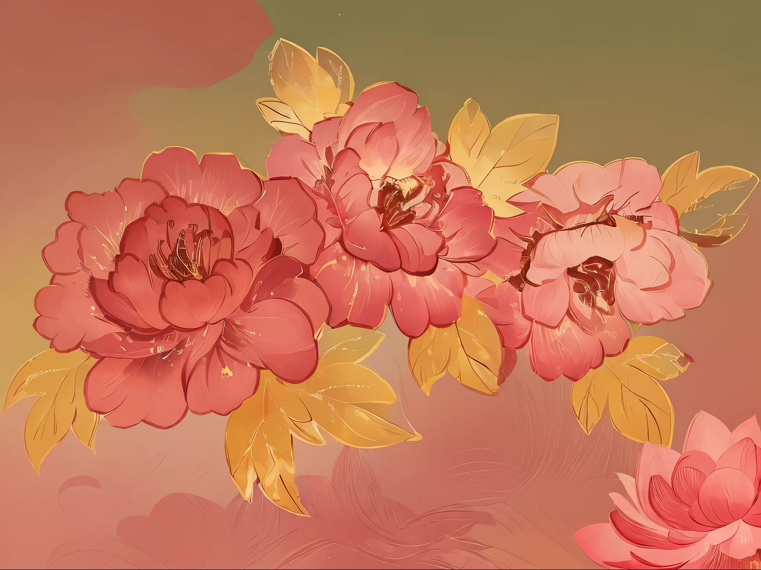 illustration style，peony，Gold stroke，pink petals，Gradient
