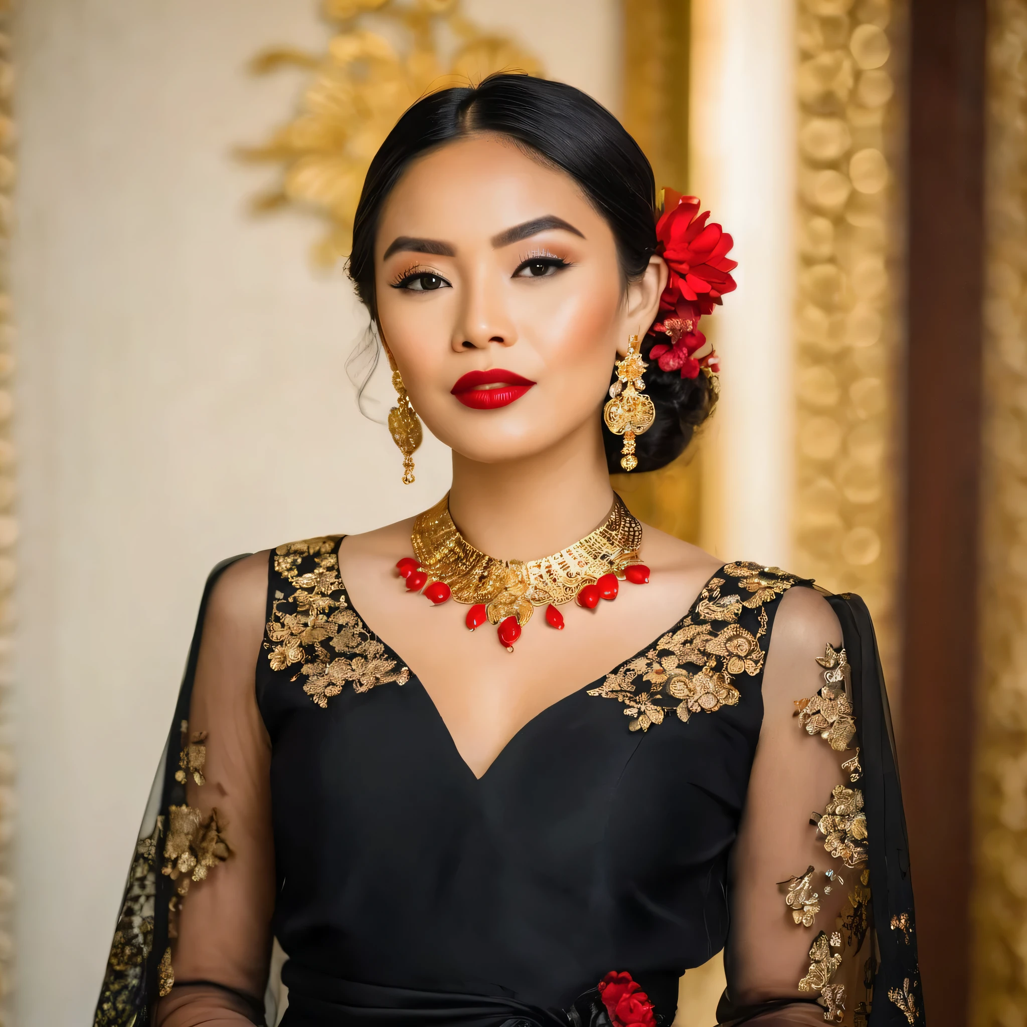 Photography, woman portrait of java wedding woman in black long keibaya dress traditional, red lipstik golden necklace, earrings ornate detail,flowes blury background soft focus