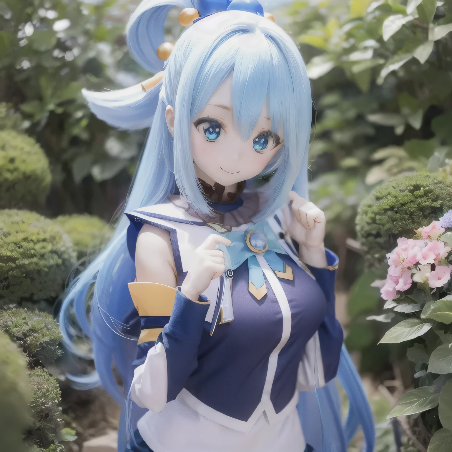 (a young girl with) blue hair, (wearing) a white and blue dress, (holding) a staff, (standing) in a lush, vibrant garden, (with) colorful flowers (blooming) around her, (under) a clear blue sky.
(portraits) of the girl, (photorealistic) rendering, (with) (ultra-detailed) features, (including) sparkling blue eyes, (rosy) lips, and (long) eyelashes.
(best quality, 4k, highres) image, (with) (vivid) colors, (highlighting) the girl's vibrant appearance.
(the garden is filled with) sunlight, (creating) a warm and inviting atmosphere, (with) gentle (sunbeams) illuminating the scene.villain pose
have a magic wand (((magic action)))smile