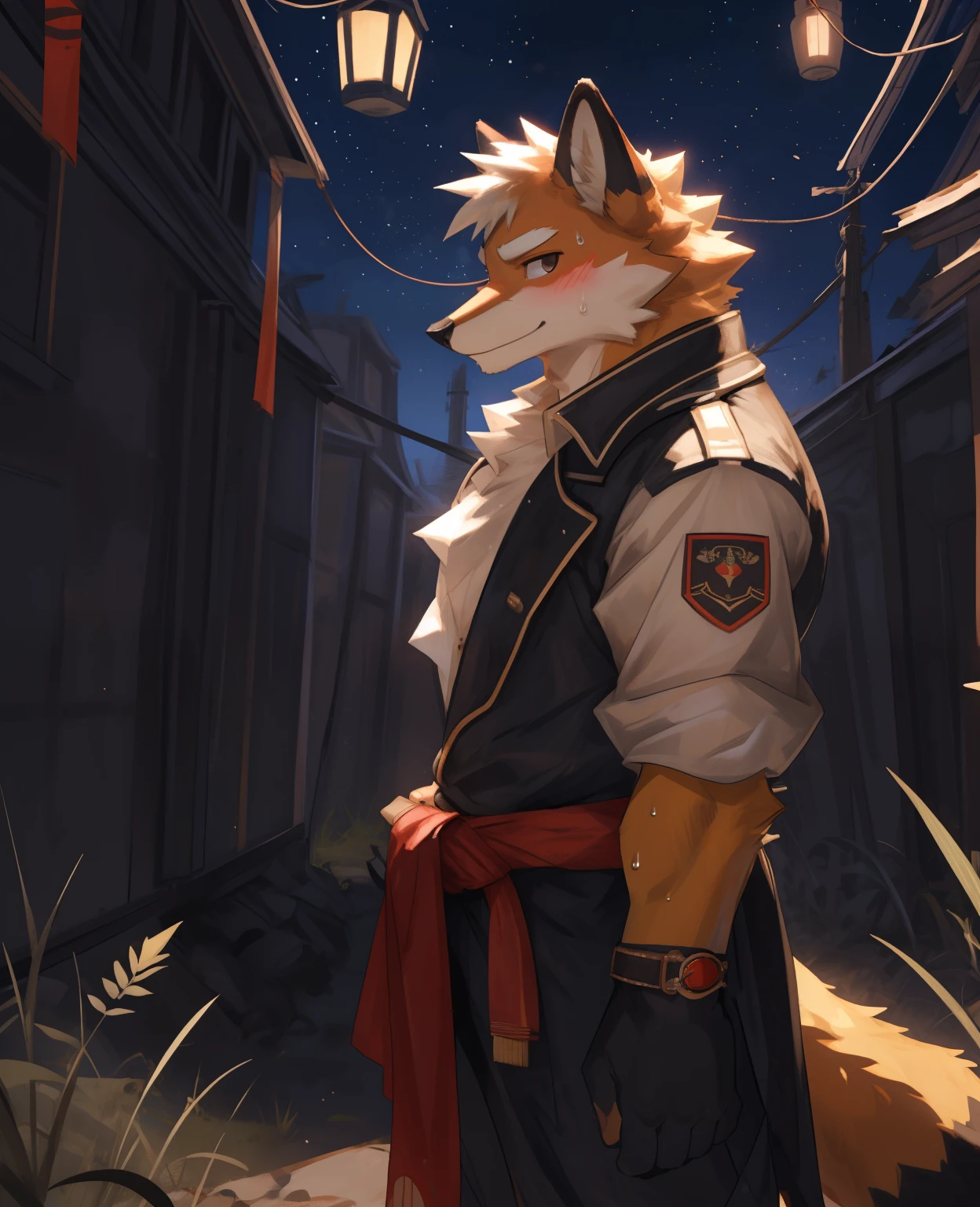 de尾巴ed anatomy, Humanity,((red white狐狸| red white | black eyes)), male, night,身上sweat(sweat), Kanno, Slim and attractive,body soft,almost no muscles,seduce,lying down,lying on the grass,smirk,blushing,detailed eyes,((No ornaments,No clothes on the upper body,Lower body wrapped in cloth),,Sly,Pink blush on face,fox tail ,In the woods,external,plant,broken houses,There is a dagger next to the grass,by bebebebebe, by zackary911