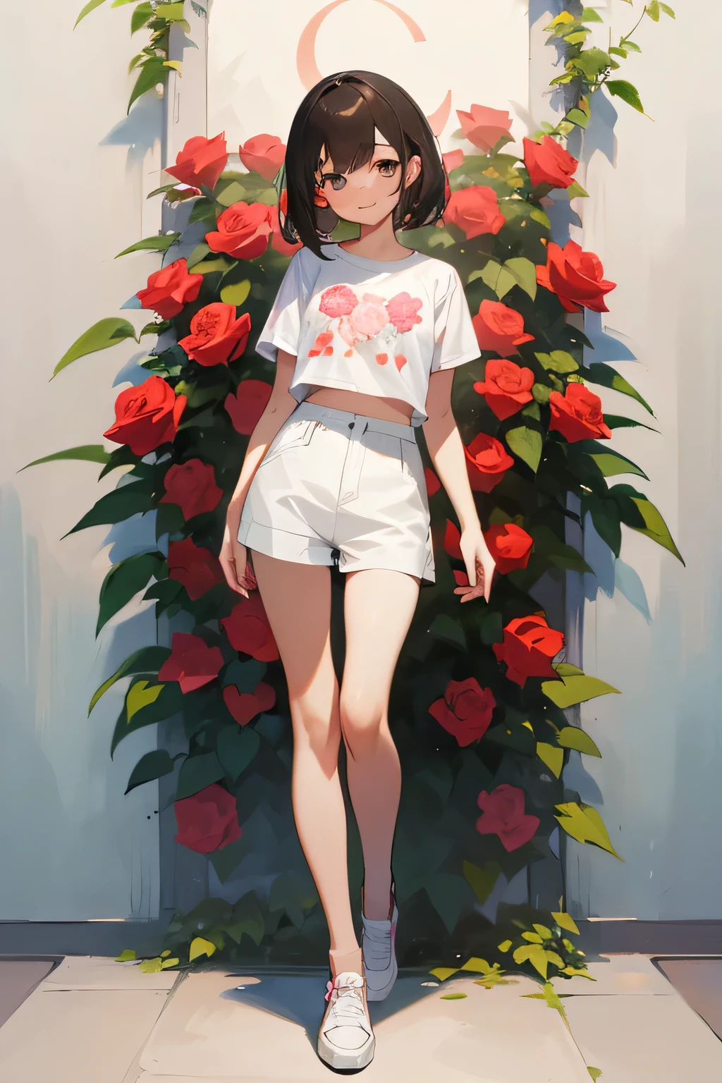 masterpiece, young beautiful girl, smile, look at the camera, standing in front of a clump of roses, wearing shorts and a T-shirt, white sneakers. Wearing tops and shorts, flowers, full body photo, casual pose, thin legs