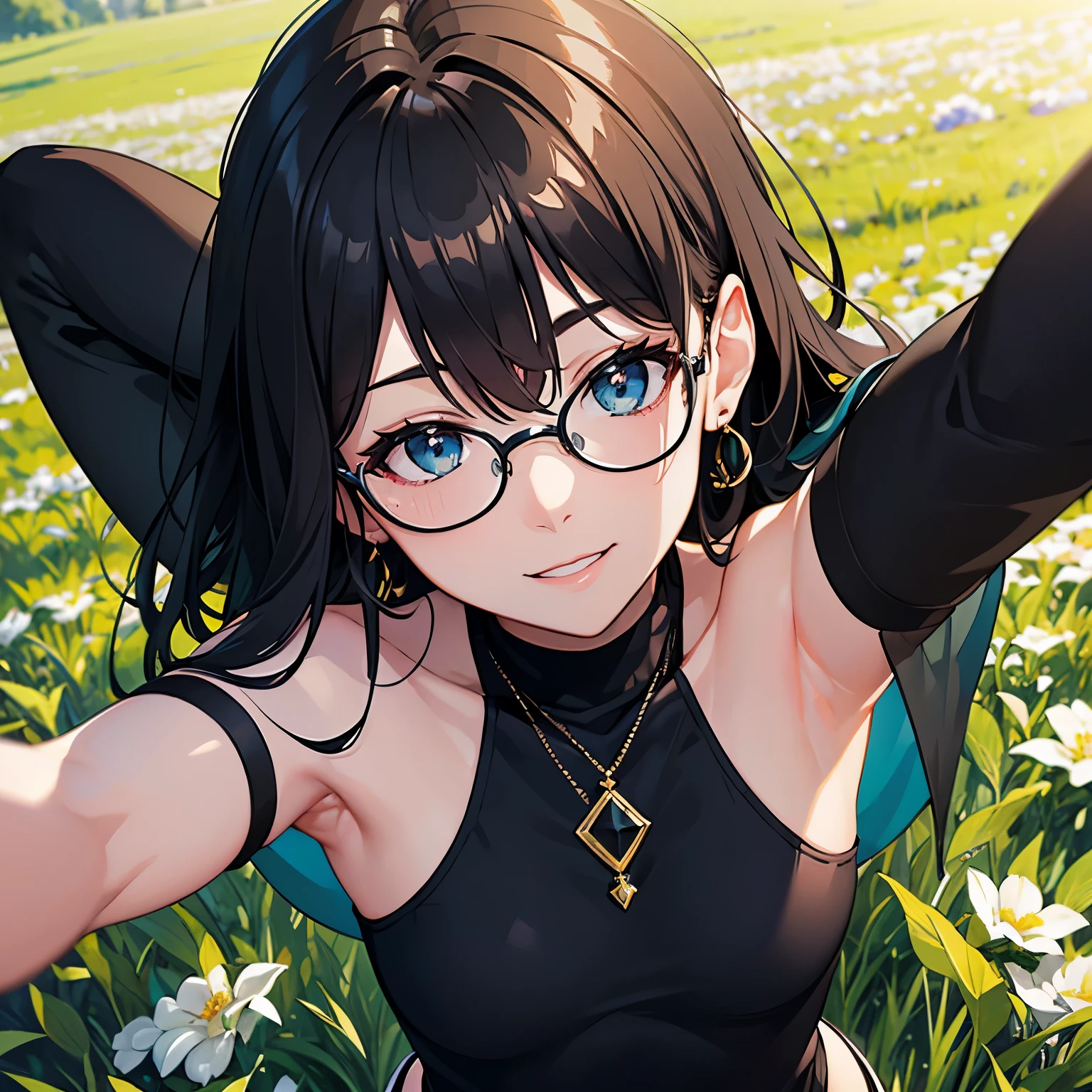 (highres:1.2),vivid colors,sharp focus,extremely detailed eyes and face,beautiful detailed eyes,beautiful detailed lips,small,fit body,strong physique,confident posture,smiling face,happy expression,light makeup,soft skin,black short hair,stylish glasses,black tank top,green grassfield,lush green grass,fresh air,sunlit setting,stunning landscape,peaceful ambiance