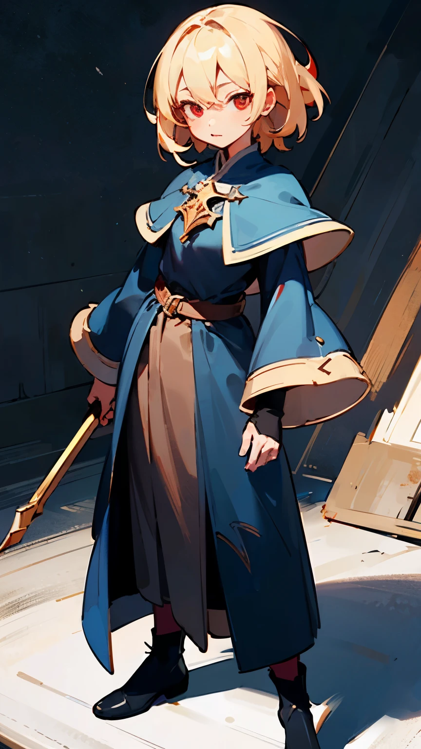 ((highest quality)), ((masterpiece)), (be familiar with), perfect face,Black Mage,blonde,red eye,human,whole body,Standing picture,medium hair,sober,fantasy,middle ages