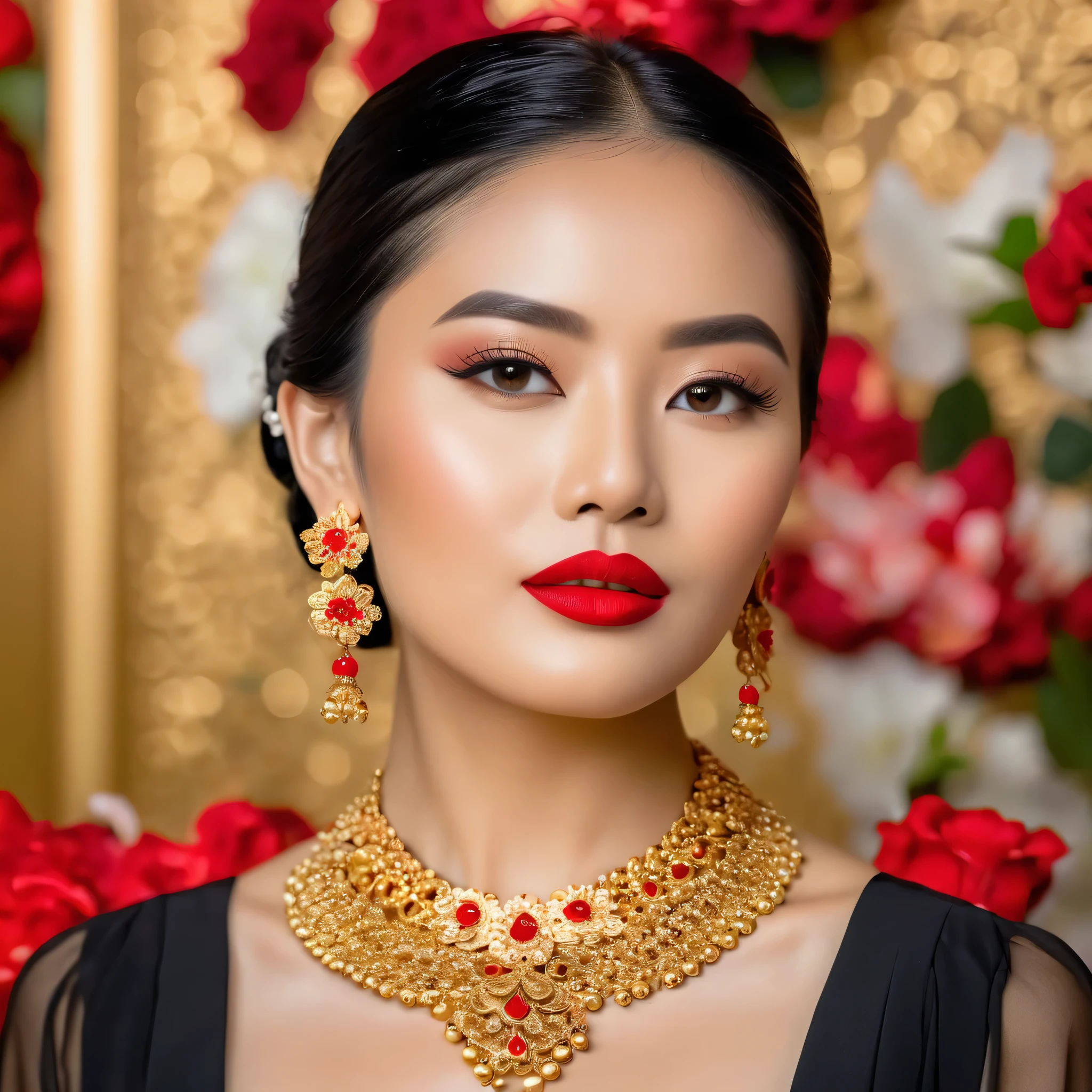 Photography, woman portrait of java wedding woman in black long keibaya dress traditional, red lipstik golden necklace, earrings ornate detail,flowes blury background soft focus