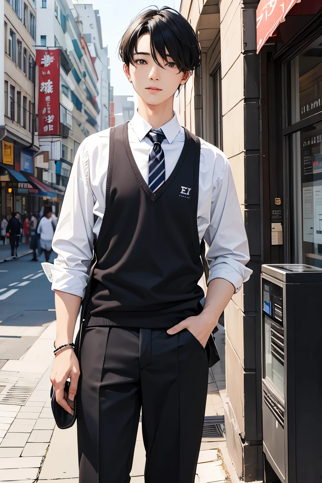 One beautiful young man、Standing picture、black hair、university student、no background、high resolution