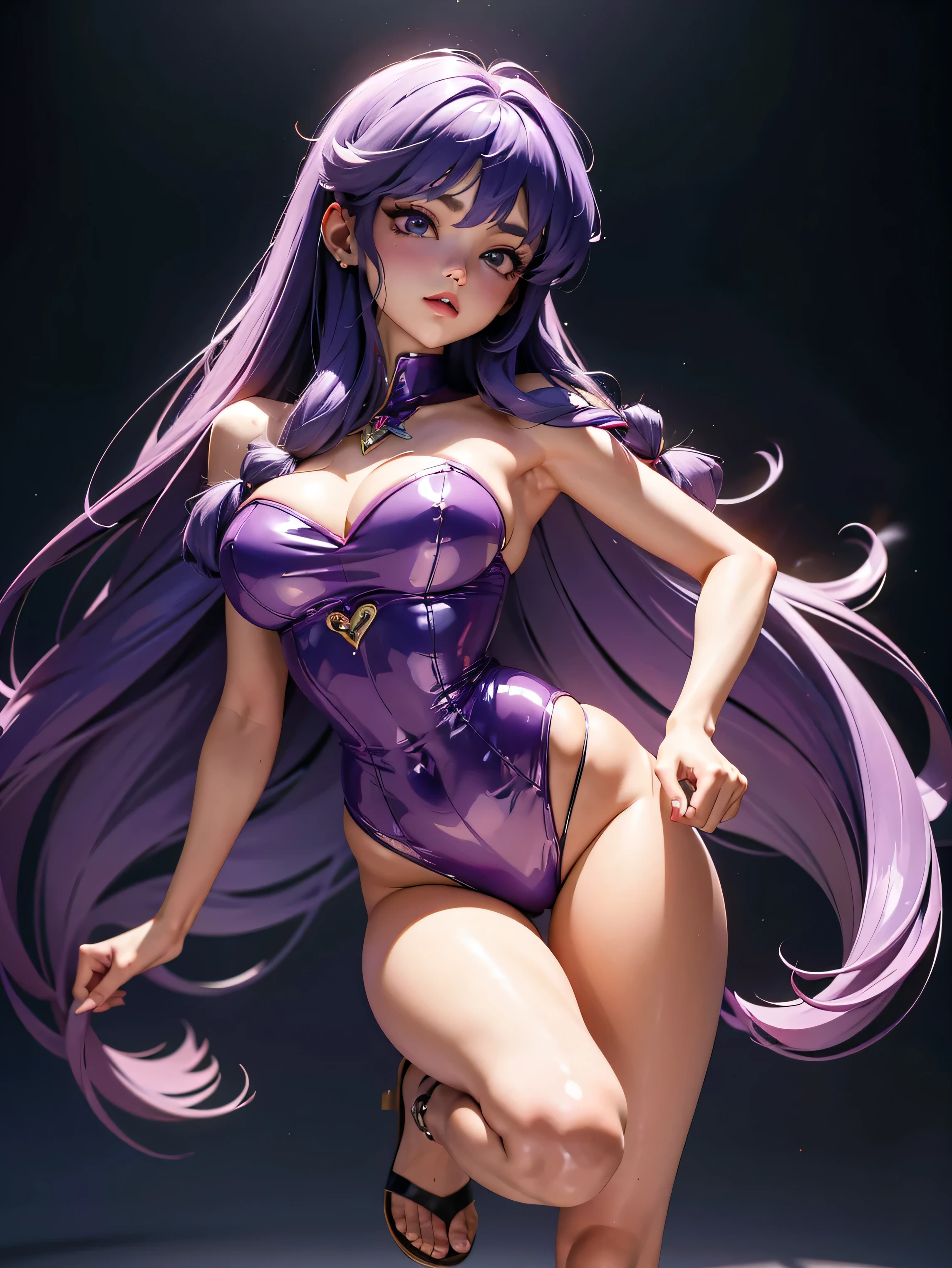 Garota anime de cabelo purple com saia vestido longo purple meio transparente e espartilho, , corpo bonito, seios grandes, com hand in panties , hand in purple hair, Garota sexy, purple hair, mechas de cabelo laterais, mechas de cabelo na lateral do rosto, beautiful lighting, sombras suaves, olhos azuis, pernas bonitas, cabelo longo roxo, estilo anime, personagem Shampoo Chan, Autora Rumiko Takahashi, Baseado em obra de Rumiko Takahashi, Anime Ranma 1/ 2, decote sexy, quadril robusto, corpo inteiro, corpo inteiro, busto grande, garota jovem com corpo belo e bonito, sandals on his feet, garota 16 anos usando saia e corset pink e purple meio transparente, garota anime, estilo anime, beautiful feet in sandals, front view angle, ao ar livre, peito grande, seios bonitos, cabelo purple, sandals on the feet, pernas bonitas, sexy, belas pernas, Sandalias, seios grandes, corpo completo, corpo inteiro, feet with sandals, anime realista, saia, sarja roxa, personagem realista sexy, straight standing posture, ao ar livre, calcinha pink, hand in panties, saia vestido com 50% de opacidade meio translucida, corpo ereto, sandalia fechada