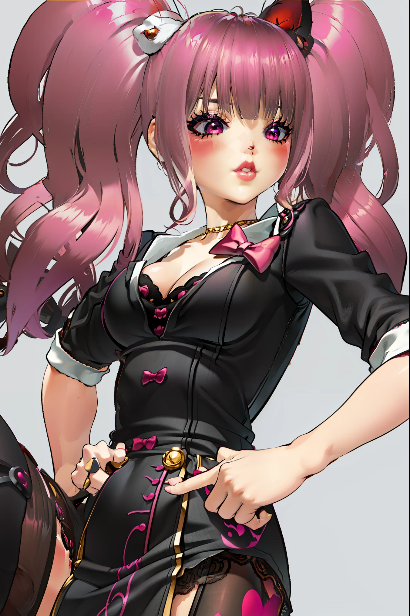 blush, smileglowing aura, natural light, masterpiece, glossy skin, juicy lips , ,sexy, hot, , cleavage, evil,juicy lips, bimbo, hour glass, long hair with black pigtails and cute cat ears, wide eyes, red eyes, massive , dark lighting, long hair, pink bow, lplatform shoes, bow in hair, golden round glasses, sandy blonde hair, juicy lips, cowboy shot, ((pink bow)), dress, fangs, garter belt, black pigtails with cat ears