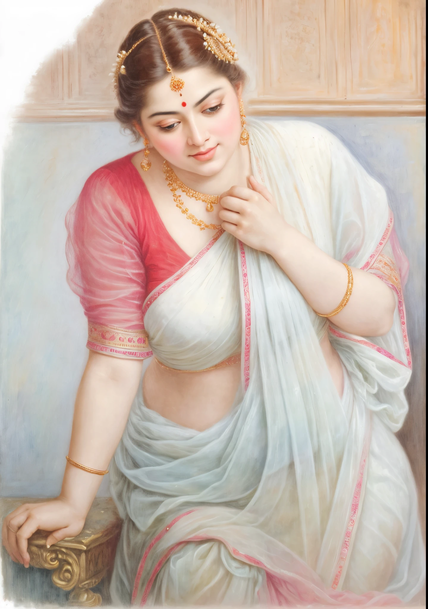 Beautiful Indian Woman, wearing saree, sari Beauty, gorgeous, Apsara, Maharani, royal queen woman, nymph from Hindu Mythology, Urvashi, matchless beauty, Highly detailed, Oil Painting by Peter Paul Rubens inspired by Raja Ravi Varma, Matchless beauty, captivating, gorgeous, heavenly beauty, celestial beauty, by Peter Paul Rubens, 13, realistic, hyper realistic, micro details, incredible artwork, insane details, ultra High resolution, 8k, 32k, acrylic on canvas, intricate, flawless, detailed, detailed face, detailed eyes, masterpiece, by Peter Paul Rubens, by Caravaggio, by William Adolphe bouguereau, perfect face, perfect body, beautiful art, realism, baroque, renaissance Art, highly textured, beautiful and detailed eyes, uhd, best quality,
