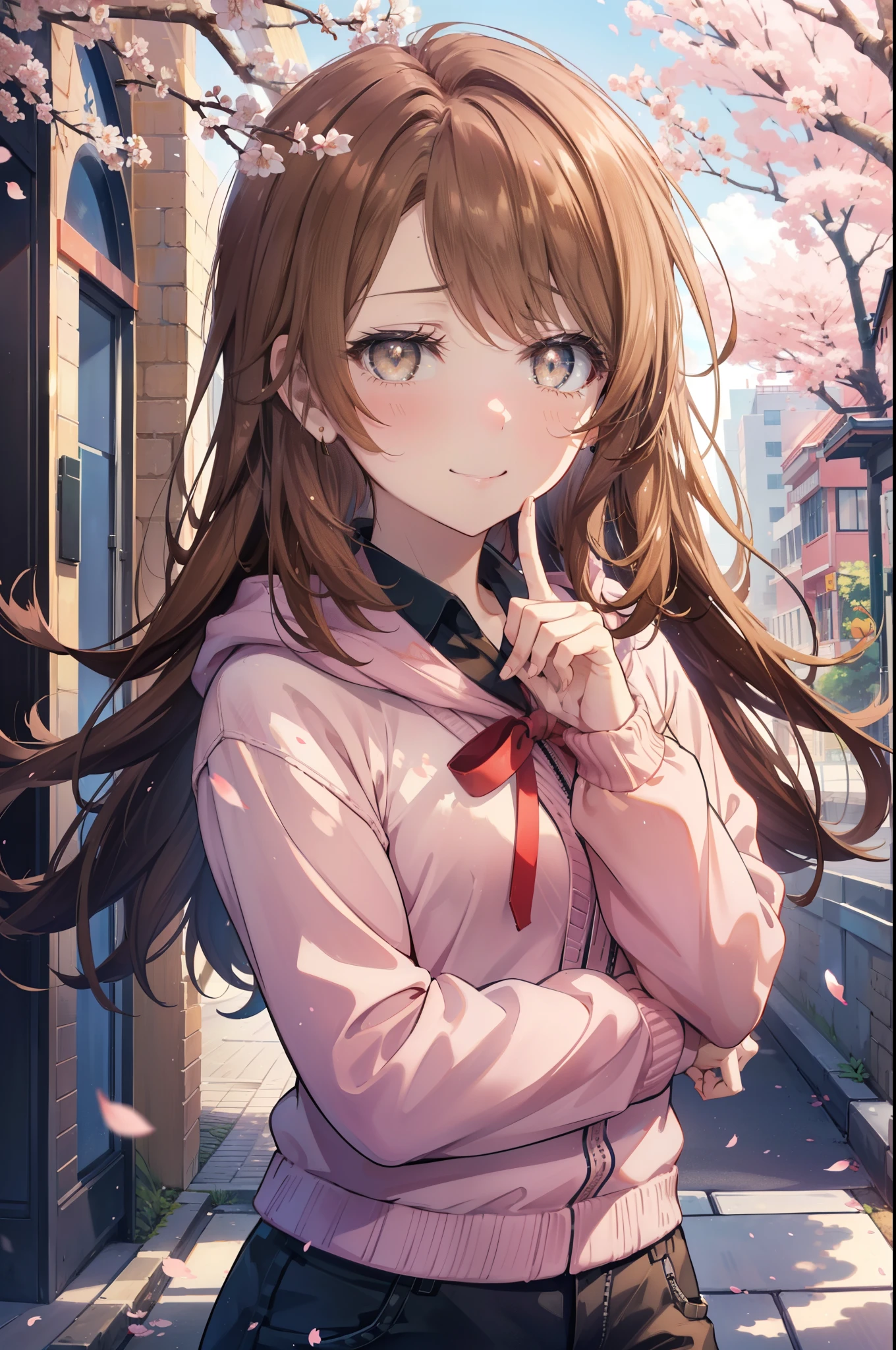 irohaisshiki, iroha isshiki, long hair, brown hair, (brown eyes:1.5), happy smile, smile, open your mouth,Put your hand over your mouth and make a peace sign, 1 girl,towards the camera,pink hoodie,short denim pants,black tights,short boots,cherry blossoms are blooming,Cherry blossoms are scattered,
break indoors, Cherry blossom tree-lined path,
break looking at viewer,Upper body,
break (masterpiece:1.2), highest quality, High resolution, unity 8k wallpaper, (shape:0.8), (fine and beautiful eyes:1.6), highly detailed face, perfect lighting, Very detailed CG, (perfect hands, perfect anatomy),