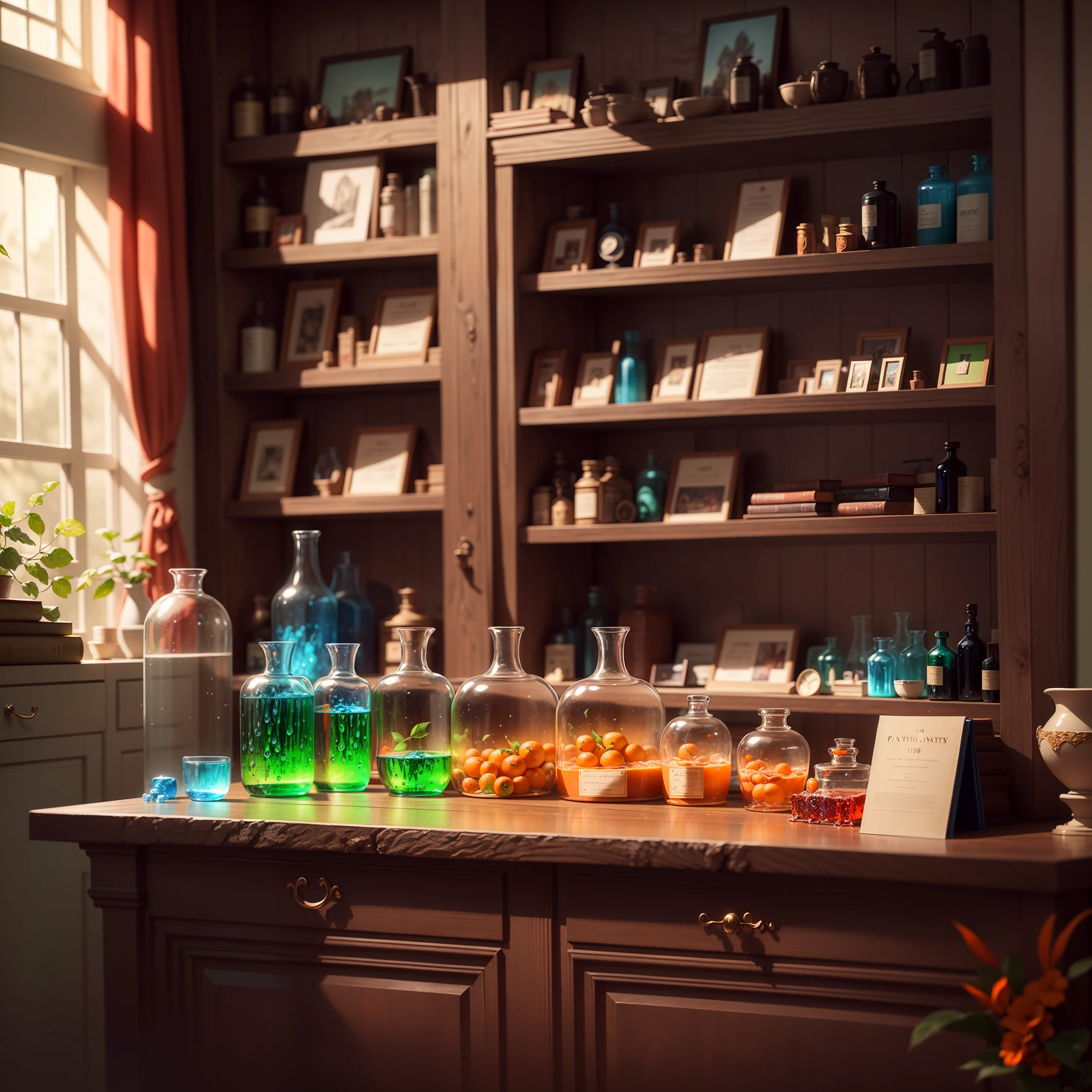 Interior pharmacy of the 18th century., very refined and luxurious, brightly illuminated by external light, shelves with glass bottles of medicines (((colorful liquid blue, red orange, Green))), big counter, Some books, Lit candles, darkened and gloomy background, (bright rich colors), fantasy art

