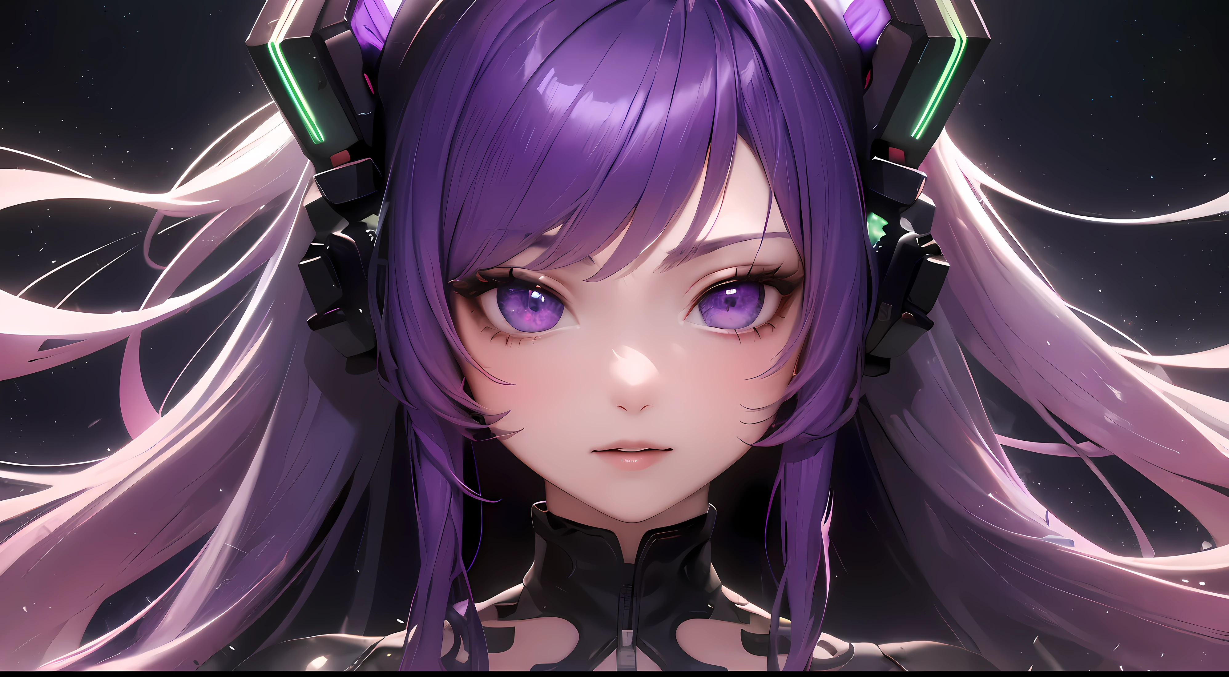 (((masterpiece))), (((highest quality))), ((Super detailed)), (Detailed CG illustration), ((very delicate and beautiful)),Cyberpunk girl on a bike, (full body shot), unreal engine, in cyberpunk city, Neon color, ((dark grey HAIR)), dark night time, Center configuration, symmetrical configuration, ((dark night:1.5)), dark neon, ((dark night:1.7)), very detailed, ((long shot)),((It's pitch black around:1.7)), (dark purple:1.7),neon purple city, ((cyber city:1.2)), cute natural anime face, detailed anime soft face, cute anime face, Created at Anime Artist Studio, semi-realistic animeスタイル, perfect anime face, very cute anime girl face, high detailed face anime, cute anime face, semi-realistic anime, detailed anime face