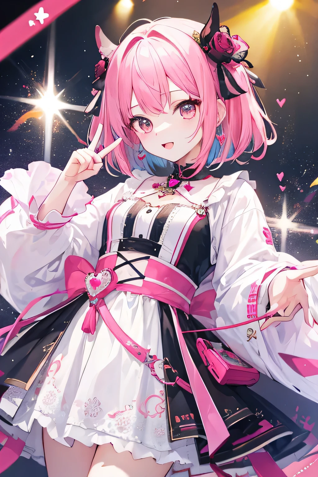 highest quality、Two-dimensional beautiful girl、cute、girl、pink hair、Bob hairstyle、lots of races、clothes with pink jewels、cute costume、Original image 8K、Idol、Live、He is posing pointing towards me.、clothes with heart jewelry、standing alone、