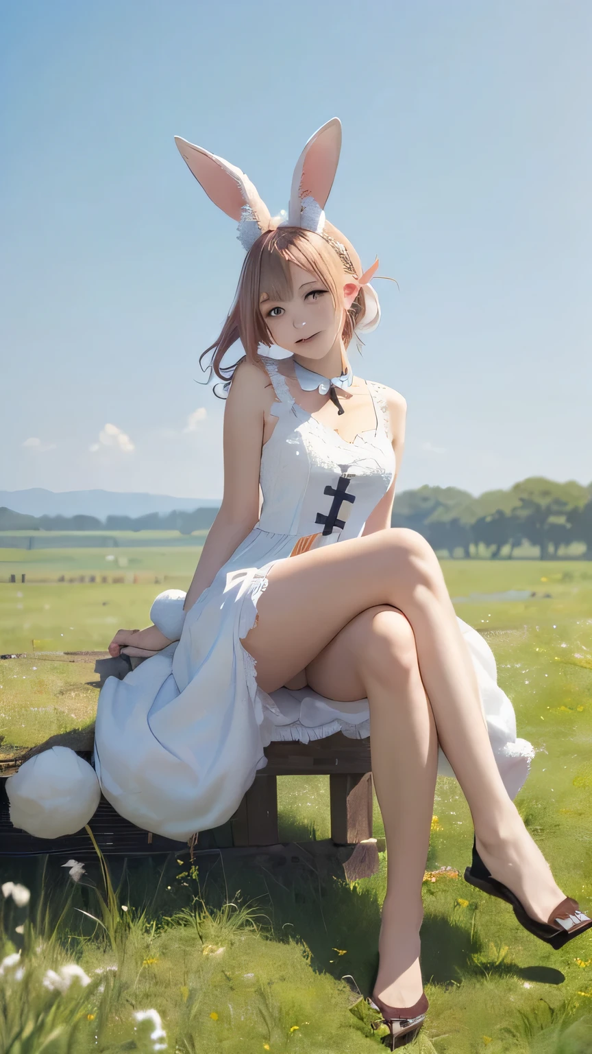 (((Masterpiece))),((top quality)),one beautiful Japanese girl,Pale, (An anthropomorphic rabbit character: 1.5), (Rabbit long ears:1.5)、(((Round tail:1.5)))、(belly button)、(fluffy dress:1.5),(plain clothes), (skin revealing),(The background is grassland 1.5).(((from the front:1.5)))、(straight front: 1.5)、(((cross your legs:1.5)))