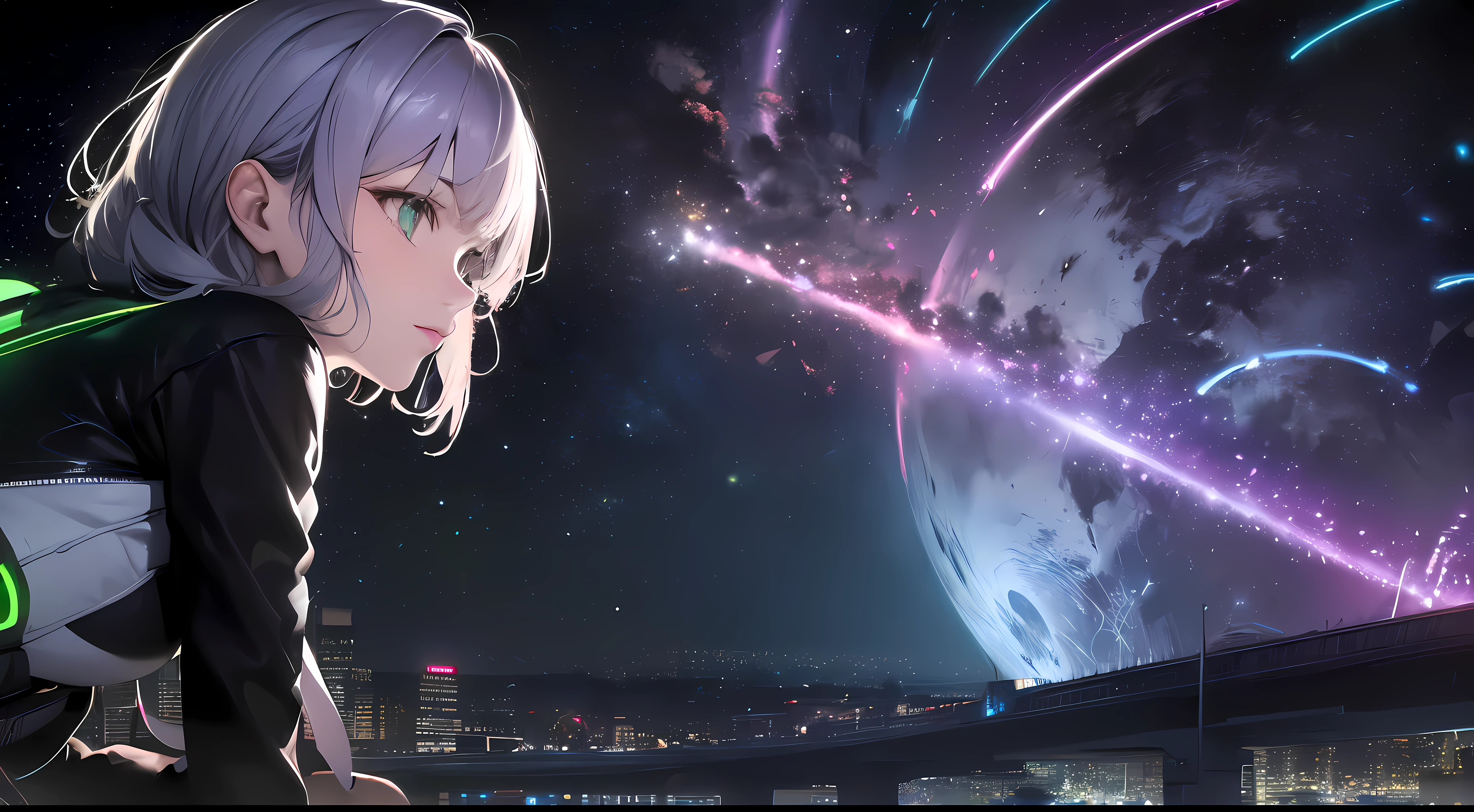 (((masterpiece))), (((highest quality))), ((Super detailed)), (Detailed CG illustration), ((very delicate and beautiful)),Cyberpunk girl riding a motorcycle flying in the sky, flying in the sky., (long shot), unreal engine, in space, looking at cyberpunk city, Neon color, cyberpunk spaceship, ((gray hair)), (green eyes), dark night time, Center configuration, symmetrical configuration, ((dark night:1.5)), dark neon, ((dark night:1.7)), very detailed, ((long shot)),((It's pitch black around:1.7)), (dark purple:1.7),neon purple city