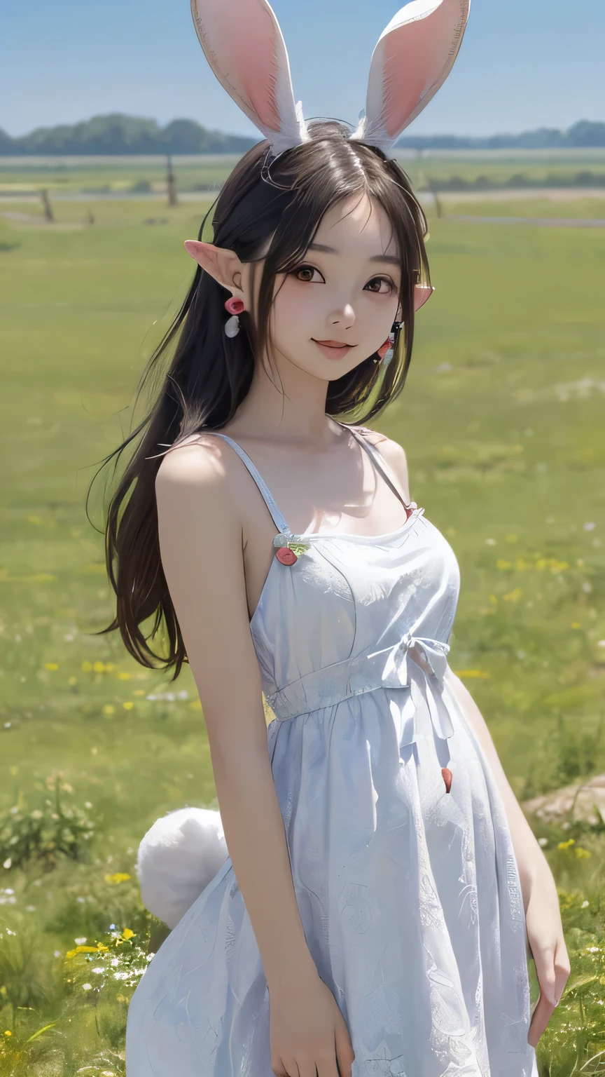 (((Masterpiece))),((top quality)),one beautiful Japanese girl,Pale, (An anthropomorphic rabbit character: 1.5), (Rabbit long ears:1.5)、(((Round tail:1.5)))、(belly button)、(fluffy dress:1.5),(plain clothes), (skin revealing),(The background is grassland 1.5).(((from the front:1.5)))、(straight front: 1.5)、(((drooping ears:1.5)))