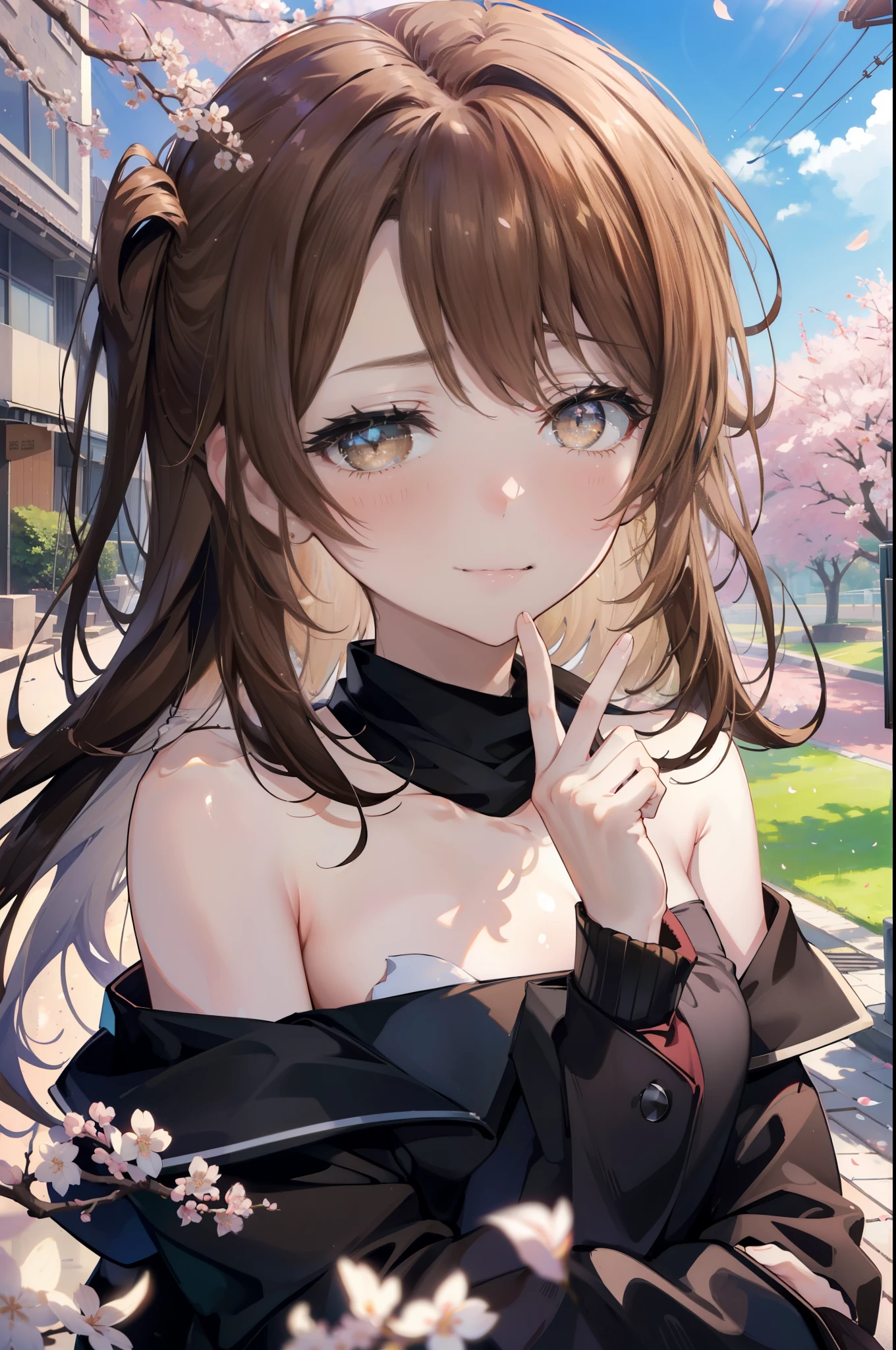 irohaisshiki, iroha isshiki, long hair, brown hair, (brown eyes:1.5), happy smile, smile, open your mouth,Put your hand over your mouth and make a peace sign,towards the camera,off shoulder sweater,bare shoulders,bare clavicle,naked neck,black long skirt,black tights,short boots,cherry blossoms are blooming,Cherry blossoms are scattered,
break indoors, Cherry blossom tree-lined path,
break looking at viewer,Upper body,
break (masterpiece:1.2), highest quality, High resolution, unity 8k wallpaper, (shape:0.8), (fine and beautiful eyes:1.6), highly detailed face, perfect lighting, Very detailed CG, (perfect hands, perfect anatomy),