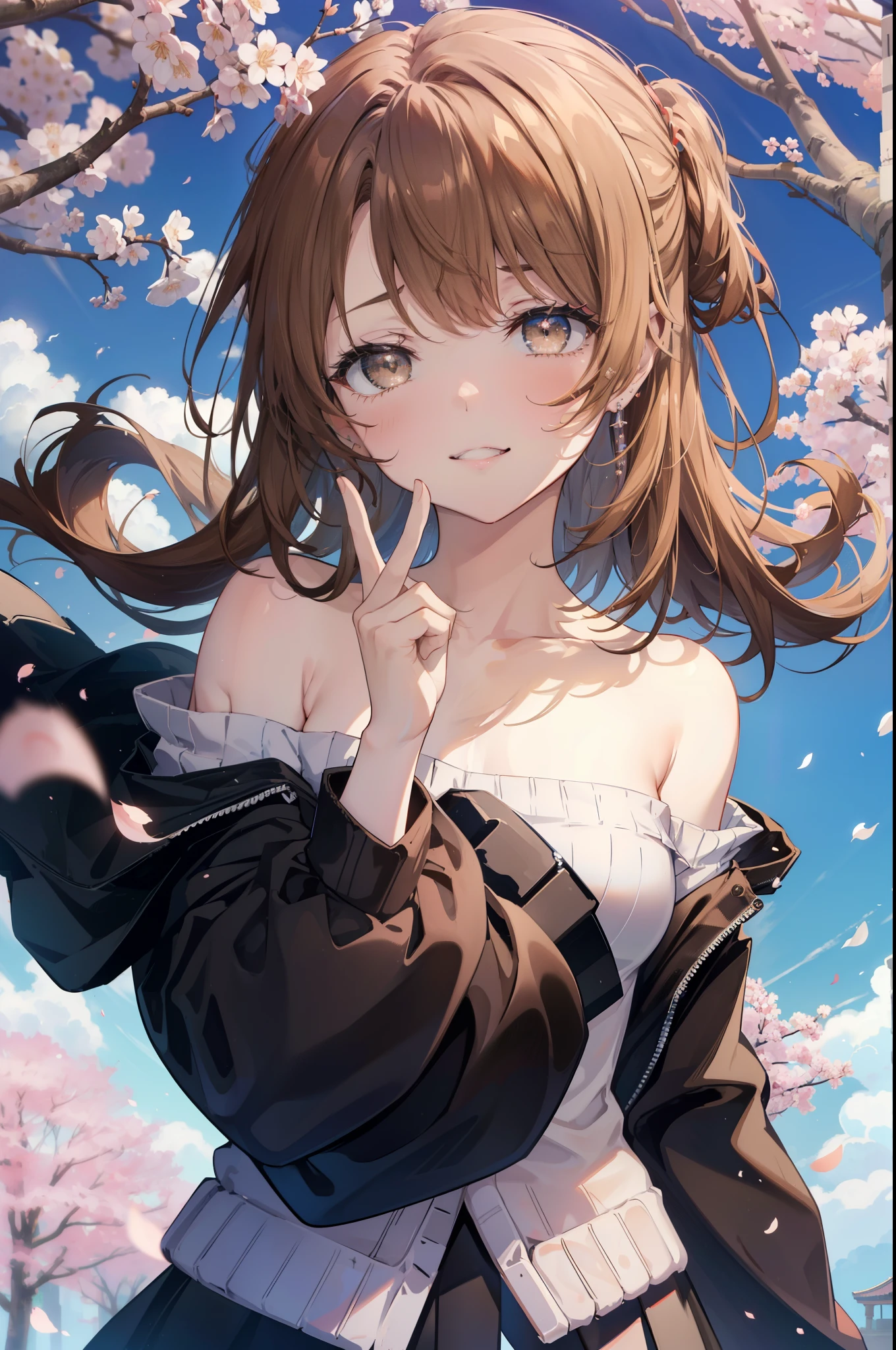 irohaisshiki, iroha isshiki, long hair, brown hair, (brown eyes:1.5), happy smile, smile, open your mouth,Put your hand over your mouth and make a peace sign,towards the camera,off shoulder sweater,bare shoulders,bare clavicle,naked neck,black long skirt,black tights,short boots,cherry blossoms are blooming,Cherry blossoms are scattered,
break indoors, Cherry blossom tree-lined path,
break looking at viewer,Upper body,
break (masterpiece:1.2), highest quality, High resolution, unity 8k wallpaper, (shape:0.8), (fine and beautiful eyes:1.6), highly detailed face, perfect lighting, Very detailed CG, (perfect hands, perfect anatomy),