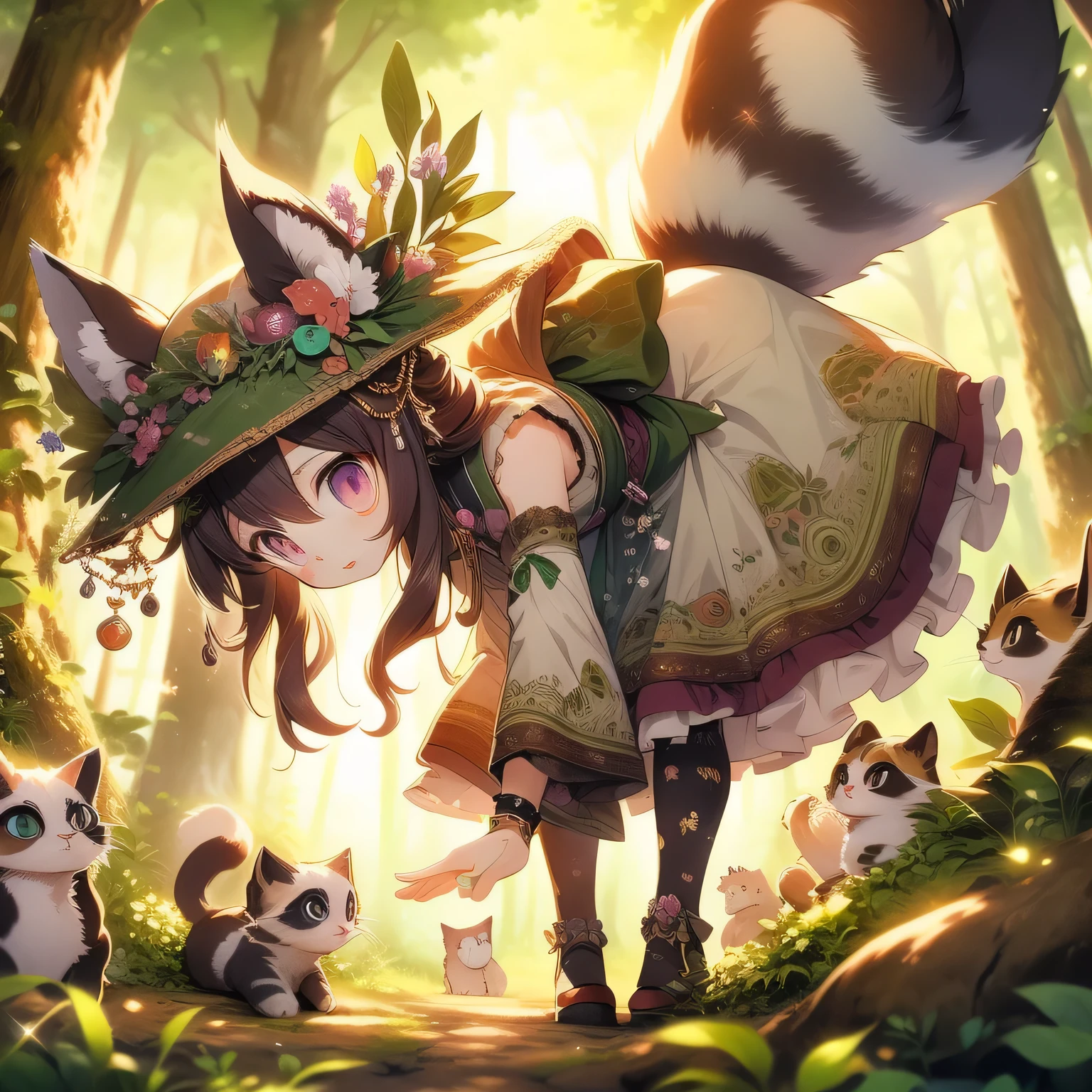 Anime girl in a cat hat and many kittens in the forest, cute detailed digital art, Trending on Art Station Pixiv, a maid in the magical forest, everyone, cute forest creatures, anime art wallpaper 4k, anime art wallpaper 4k, anime fantasy illustration, in the magical forest, Gweiz art station pixiv