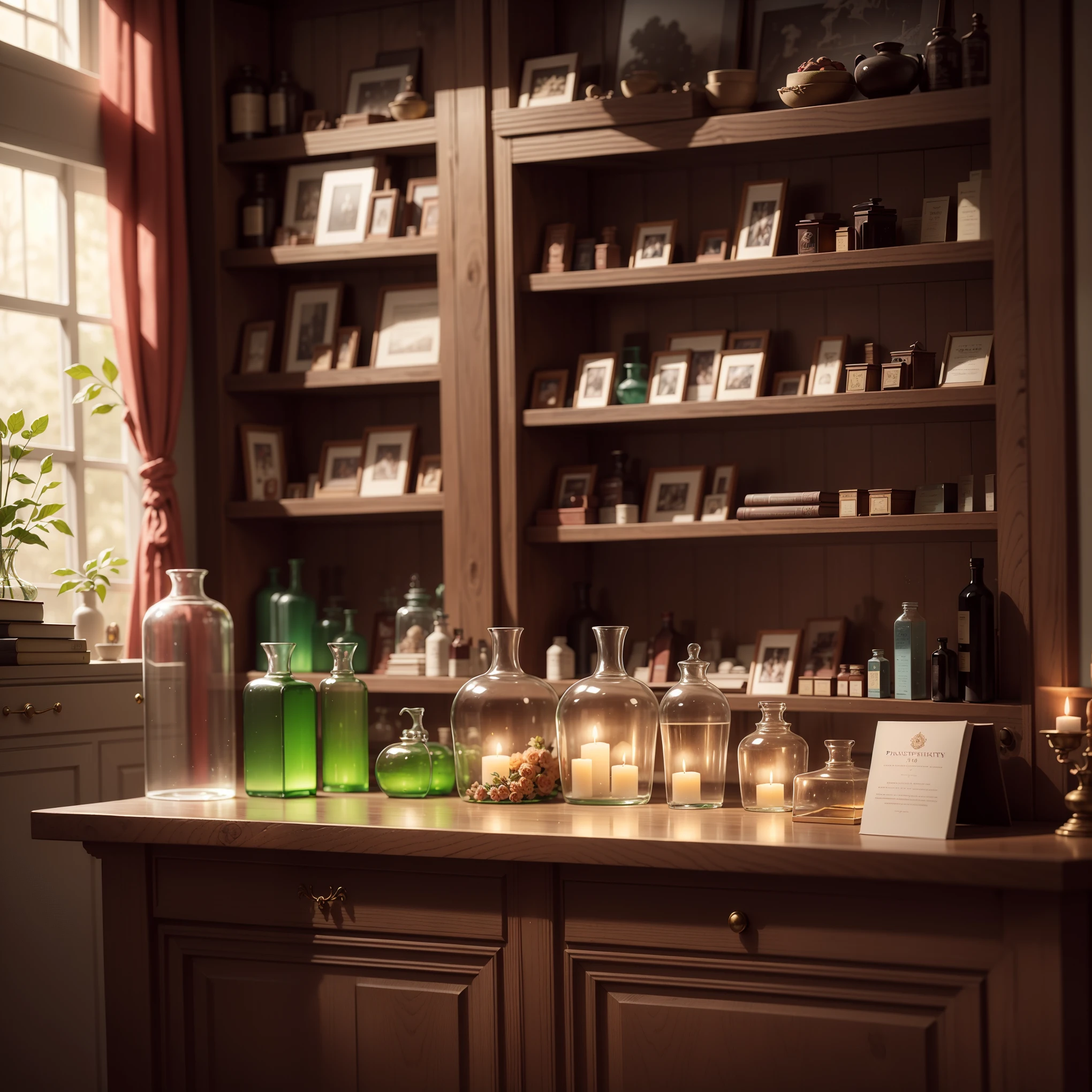 Interior pharmacy of the 18th century., very refined and luxurious, brightly illuminated by external light, shelves with glass bottles of medicines, big counter, Some books, Lit candles, darkened and gloomy background, drawn in the style of artist Paul Wright