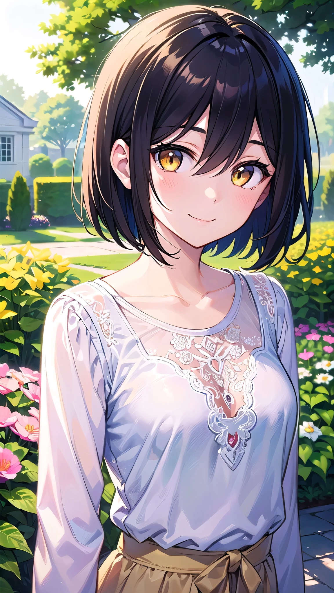 (masterpiece), (highest quality), (Super detailed), (beautiful illustrations), (pretty girl), 1 girl, From before, Upper body, black hair, short hair, bangs, hair between eyes, beautiful hair, かき上げたbangs, yellow eyes, shining eyes, , spring casual clothes, smile, sunny, garden, Close-up, proximity,