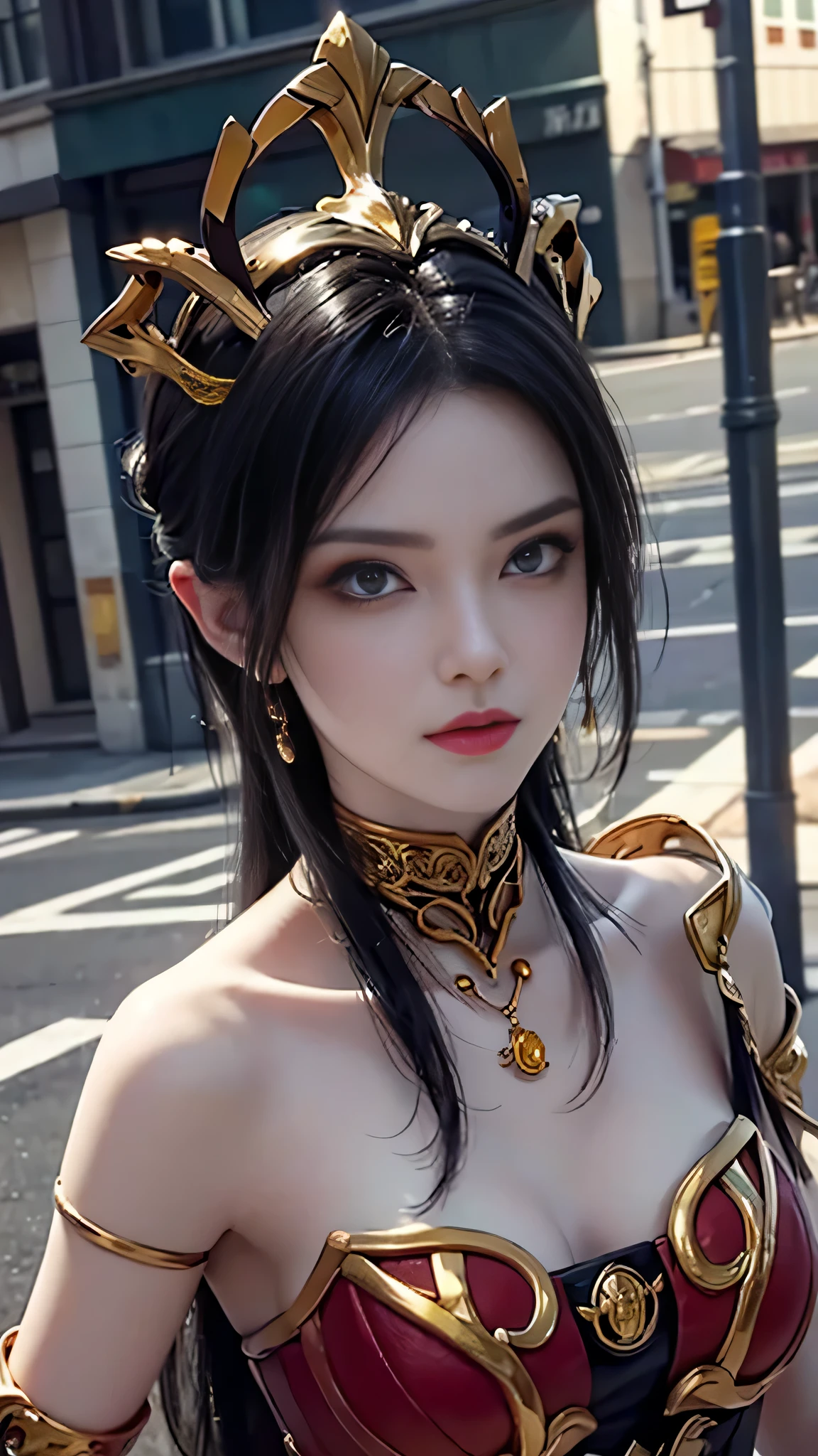 1girl,in the street,,in short costume, fully detailed face, fully detailed body, perfect eyes, medium , different colors on her face, master piece 1.2, day light, beautiful look...,