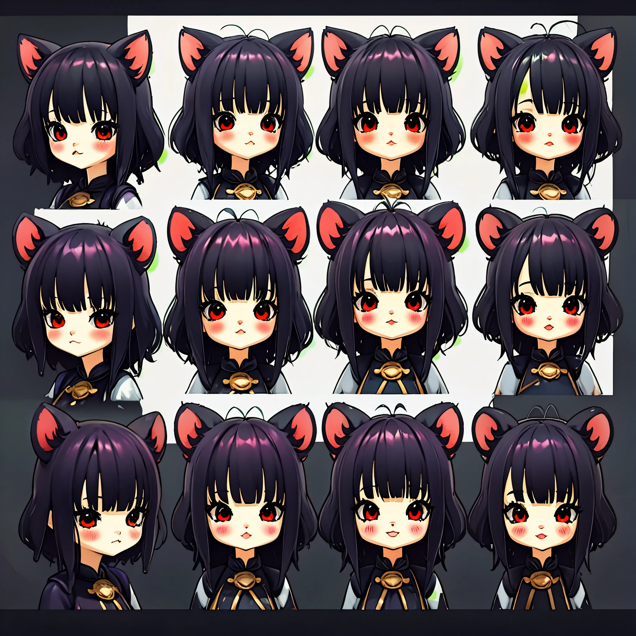 CharacterDesignSheet、the same character、gauges、across、soles)、illustratio、1 girl、Pink and light blue、bangss、hairstyle semi long、The eye、Environmental changes、White background、Various expressions, , black pigtails with cat ears, red eyes