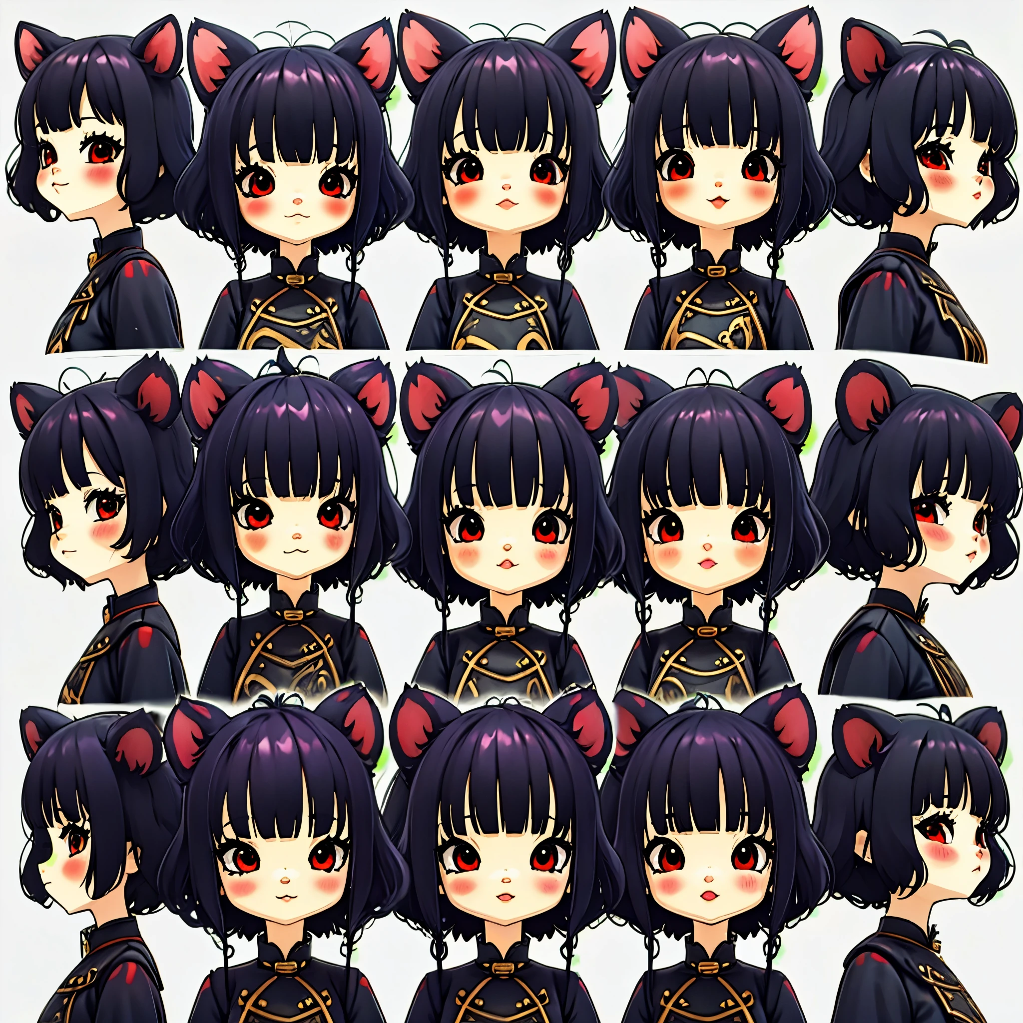 CharacterDesignSheet、the same character、gauges、across、soles)、illustratio、1 girl、Pink and light blue、bangss、hairstyle semi long、The eye、Environmental changes、White background、Various expressions, , black pigtails with cat ears, red eyes