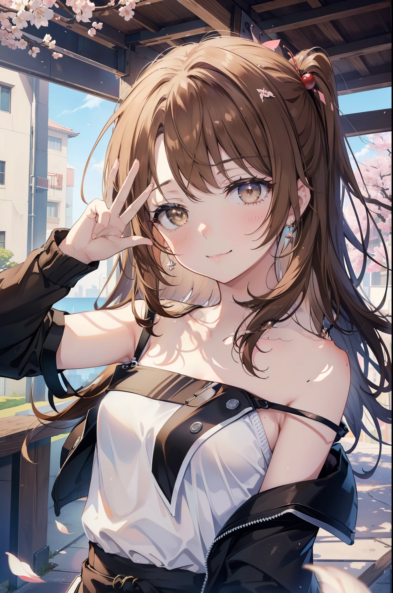 irohaisshiki, iroha isshiki, long hair, brown hair, (brown eyes:1.5), happy smile, smile, open your mouth,Put your hand over your mouth and make a peace sign,towards the camera,off shoulder sweater,bare shoulders,bare clavicle,naked neck,black long skirt,black tights,short boots,cherry blossoms are blooming,Cherry blossoms are scattered,
break indoors, Cherry blossom tree-lined path,
break looking at viewer,Upper body,
break (masterpiece:1.2), highest quality, High resolution, unity 8k wallpaper, (shape:0.8), (fine and beautiful eyes:1.6), highly detailed face, perfect lighting, Very detailed CG, (perfect hands, perfect anatomy),
