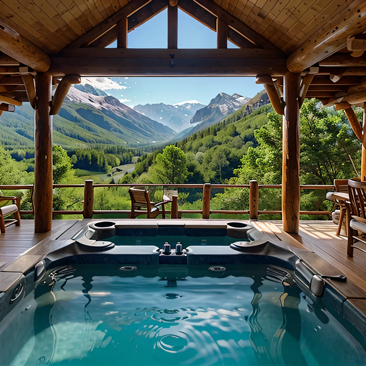 A large log home with a pool and hot tub on a cliff overlooking a valley and mountains.