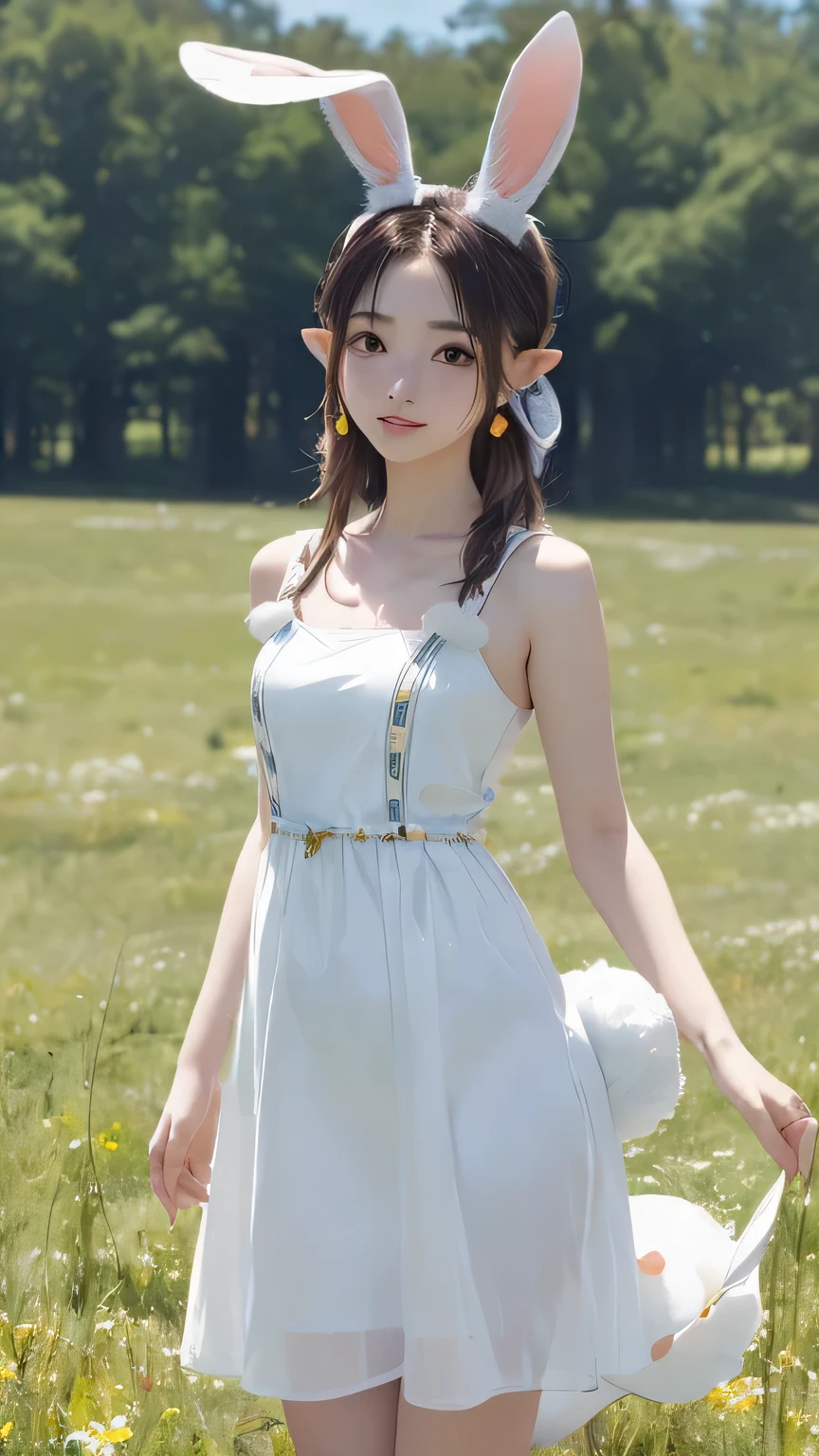 (((Masterpiece))),((top quality)),one beautiful Japanese girl,Pale, (An anthropomorphic rabbit character: 1.5), (rabbit's long floppy ears:1.5)、(((Round tail:1.5)))、(belly button)、(fluffy dress:1.5),(plain clothes), (skin revealing),(The background is grassland 1.5).(((from the front:1.5)))、(straight front: 1.5)、(((jump up and down:1.5)))